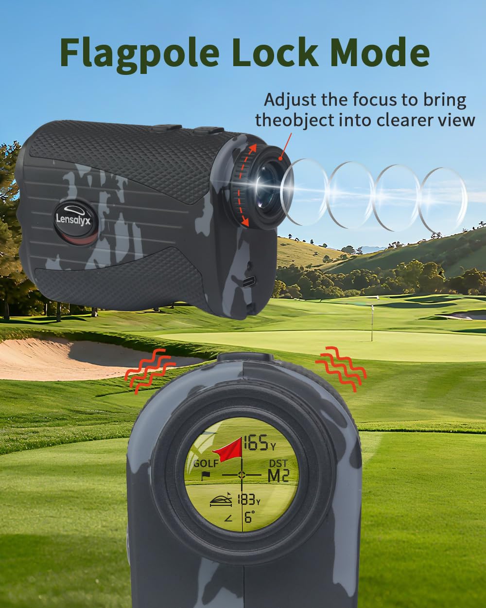 Lensaylx Télémètre laser de golf avec pente, grossissement x7, verrouillage du mât de drapeau, étanchéité IPX4, batterie rechargeable, bande magnétique pour golf et chasse 1 200 m