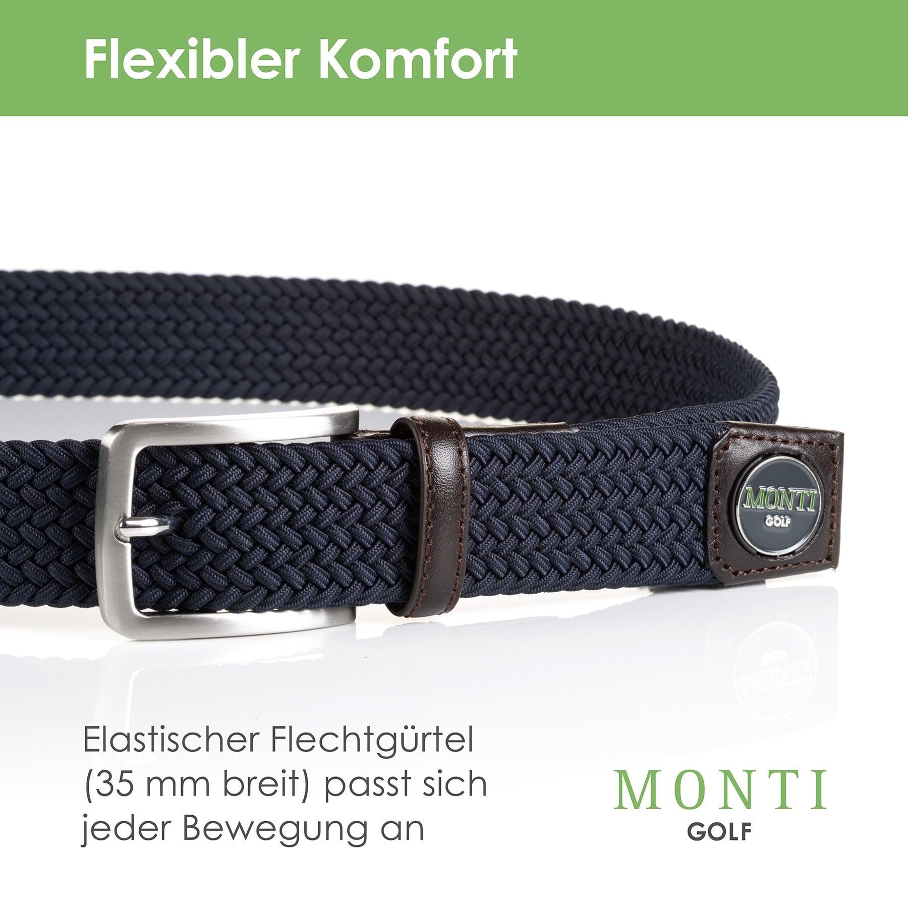 MONTI Herren Flechtgürtel Golfgürtel für Männer mit integriertem Ballmarker BIRDIE - navy uni - Größe 95