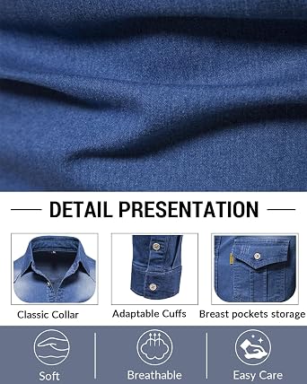 Morbuy Denim Shirts for Men Regular Fit Long Sleeve Casual Mens Cotton Collared Button Down black denim Jacket Shirts Top Autumn Winter Coats with Pocket