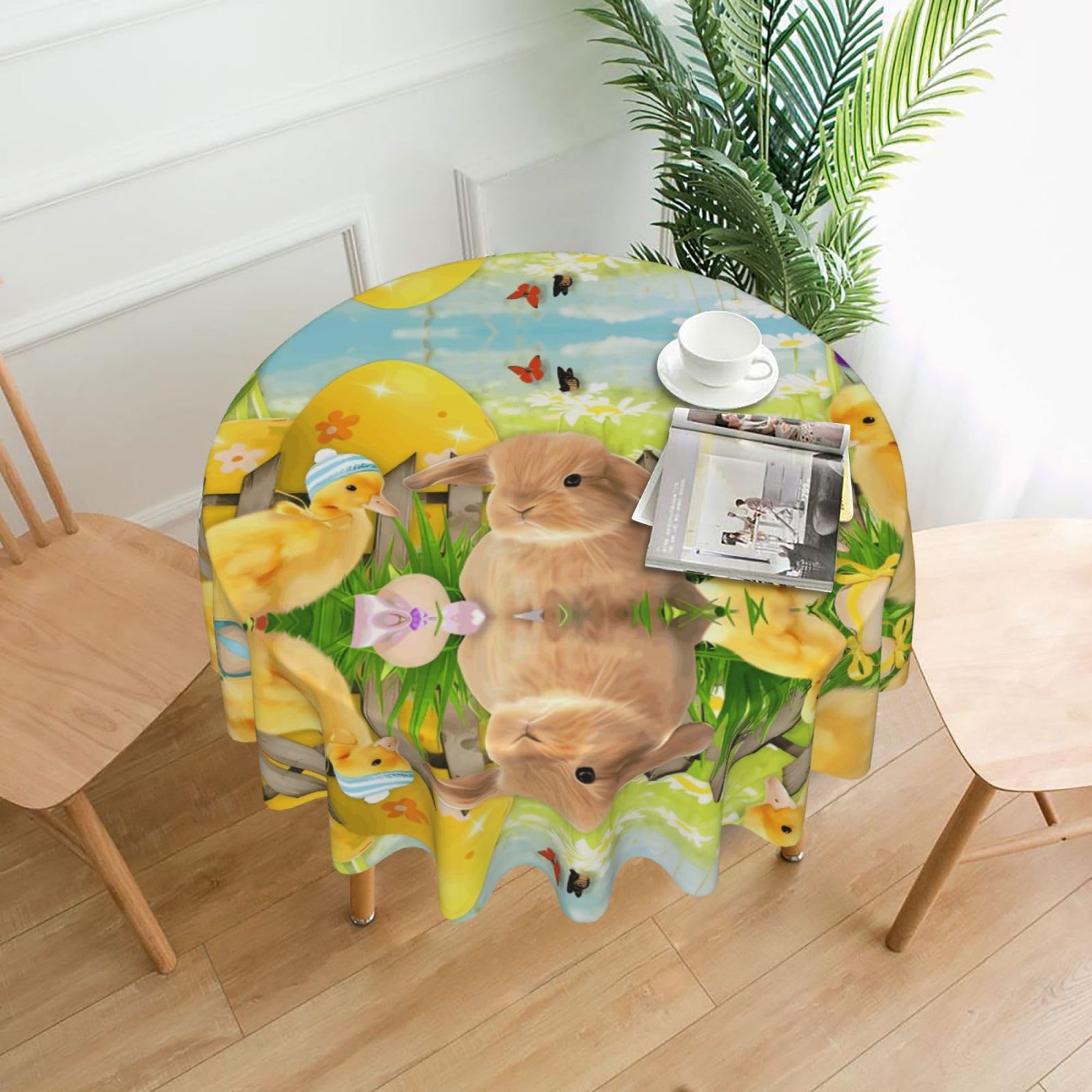 HJFCZH Easter Bunny Spring Butterfly Prints Round Decorative Tablecloth 60in - High-Grade Polyester Throw for Dinners, Weddings & Everyday Use