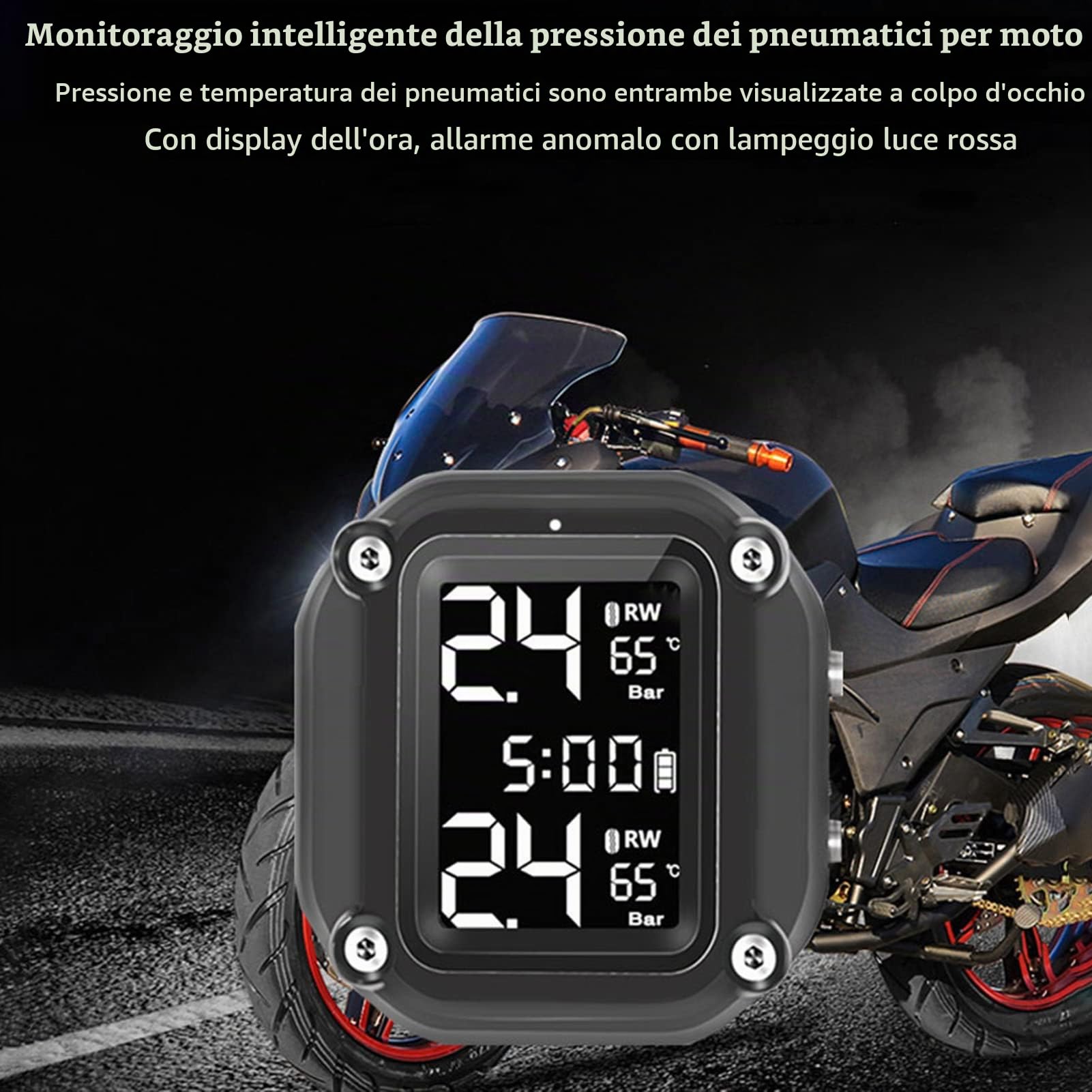 Sensori Pressione Pneumatici, TPMS Sistema di Monitoraggio Della Pressione dei Pneumatici per Moto TPMS di Ricarica USB Moto con 2 sensori Esterni Display LCD Digitale TPMS per Moto a Due Ruote