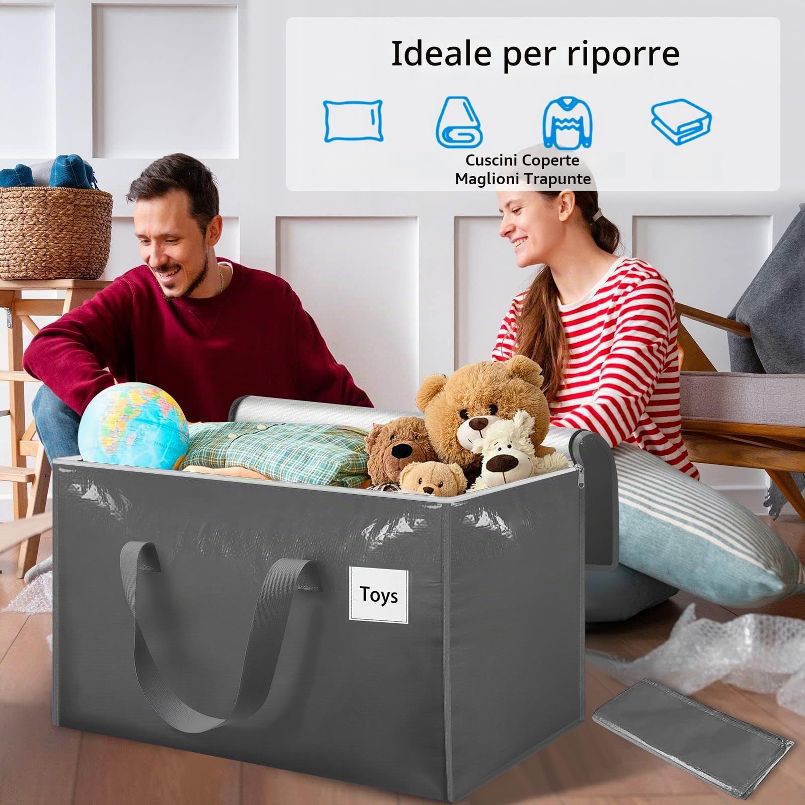 Withosent 100L Borsa Portaoggetti Grande, 10 Pezzi Impermeabile Borse di Stoccaggio Trasloco con Cerniera e Maniglia, Pieghevole Scatole Armadio Viaggio per Vestiti, Coperte, Trapunte, Grigio