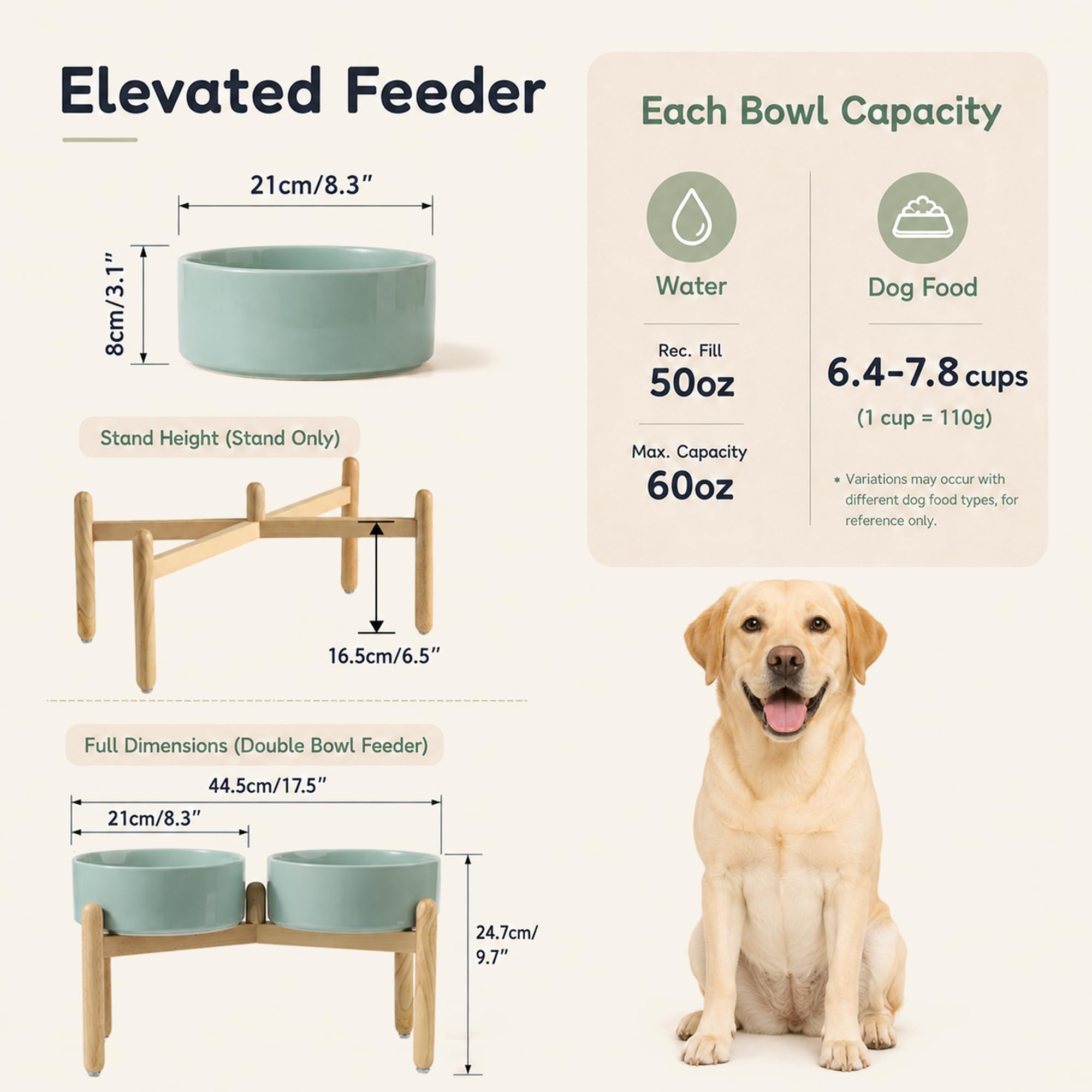 Havniva erhöhte Hundeschalen, Keramik-Hundefutterschalen mit Ständer | 21 cm erhöhte Hundenäpfe mit rutschfestem Holzständer, Futter- und Wassernapf-Set, Doppel-Hundenäpfe für große Hunde