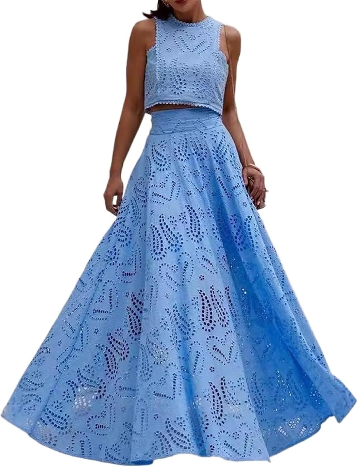 Faretumiya Women Eyelet Maxi Skirt Set Lace Embroidered Tank Crop Top Flowy Long Skirt Set Boho Two Piece Vacation Outfits