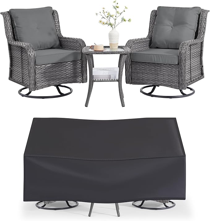 Wumiokio Patio Furniture Sets, 3 Pieces Wicker Outdoor Furniture - 360 Degree Swivel Rocking Chairs and Rattan Side Table for Garden,Porch,Backyard (Grey Wicker/Grey Cushion, 3PCS - Swivel Chairs)