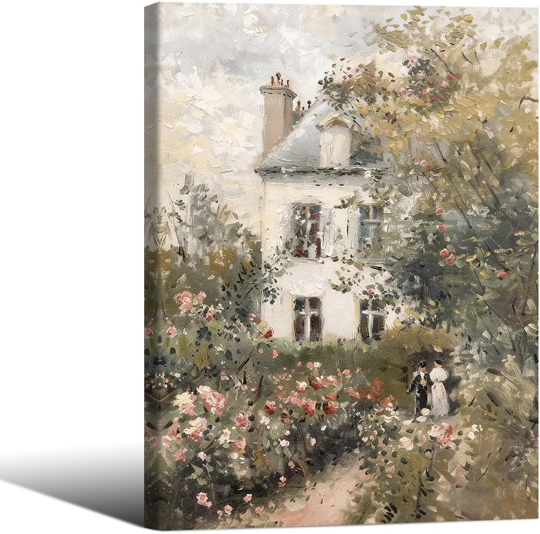 Rustic Spring Rose Garden Poster English Cottage Flower Canvas Wall Art Vintage Nature Botanical Oil Painting for Living Room Hallway Bedroom Office Decor 08x10 inch Black Framed