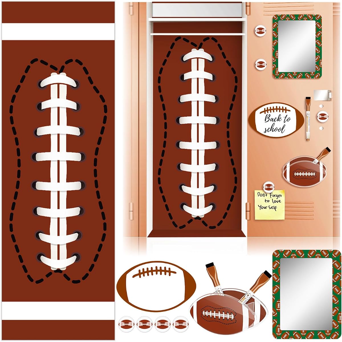 Demonwer - Juego de 11 accesorios para taquillas, pizarra blanca magnética con temática de rugby, soporte para bolígrafo, pegatinas de rugby para decoración de taquillas