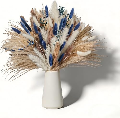 Blue Pampas Grass Dried Flowers, Bunny Tails & Baby's Breath Bouquet for Boho Vase Filler, Coastal Beach Room Decor & Wedding Centerpieces (Blue-73PCS)