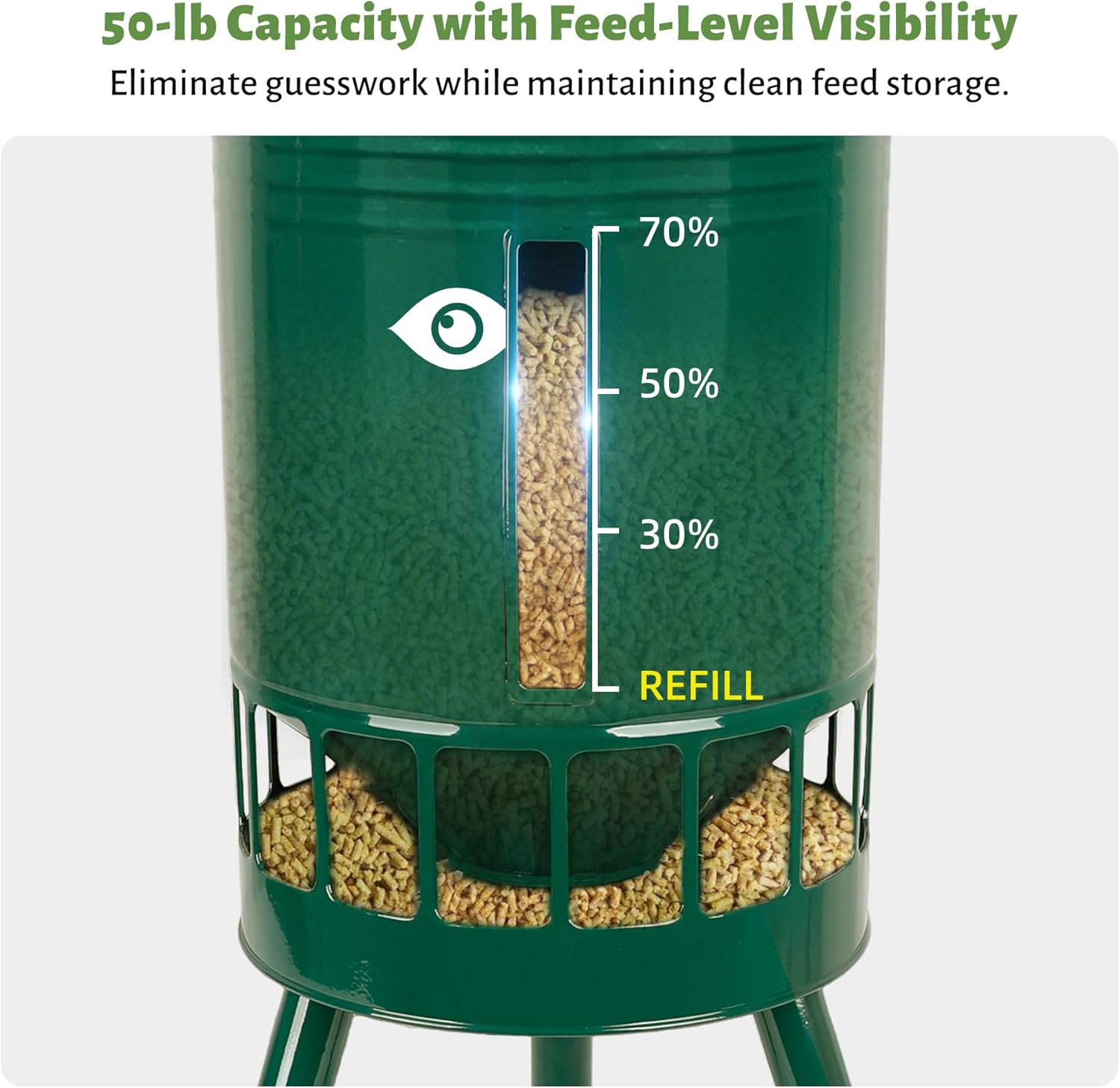 KOL 50LB Metal Chicken Feeder - No Waste, No Clog Design with 16 Ports & Smooth Gravity-Flow, Powder Coated Rust-Proof for Coop Use (Green)