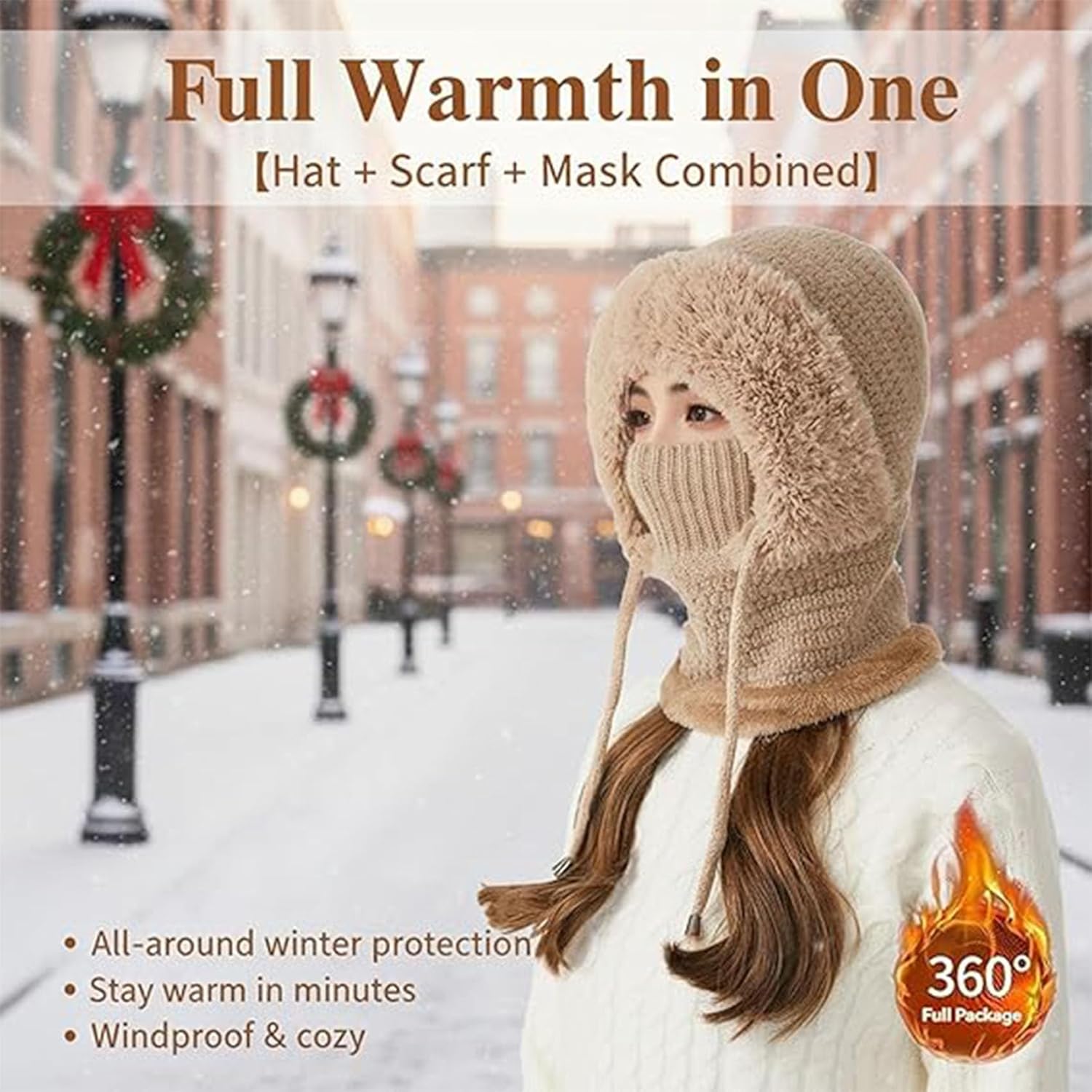 3 in 1 Beanie Hat for Women with Scarf and Mask, Fleece-Lined Knitted Winter Hat for Daily Wear, Travel, Cold Weather