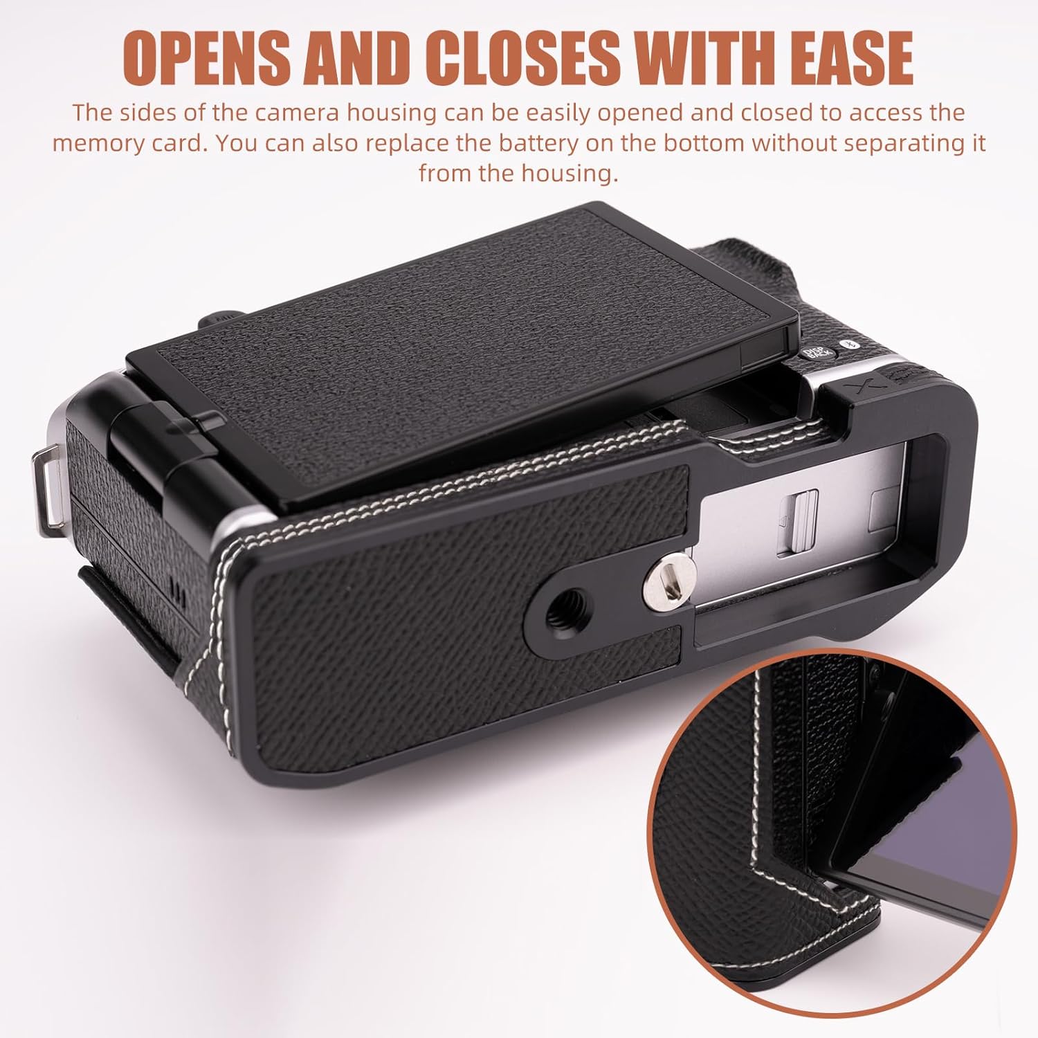 Handmade Genuine Leather Camera Half Case for Fujifilm X-M5/Fujifilm X-M5 Case - Top Layer Cowhide Body + Metal Base Plate (Black)