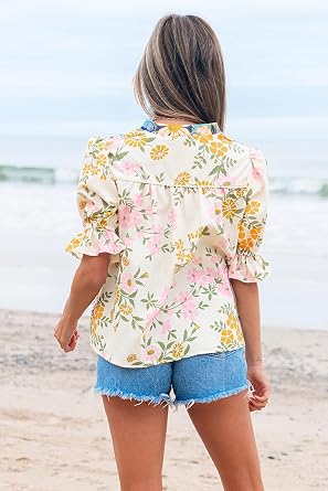 Women's Multicolor Crochet V Neck Half Sleeve Boho Floral Blouse