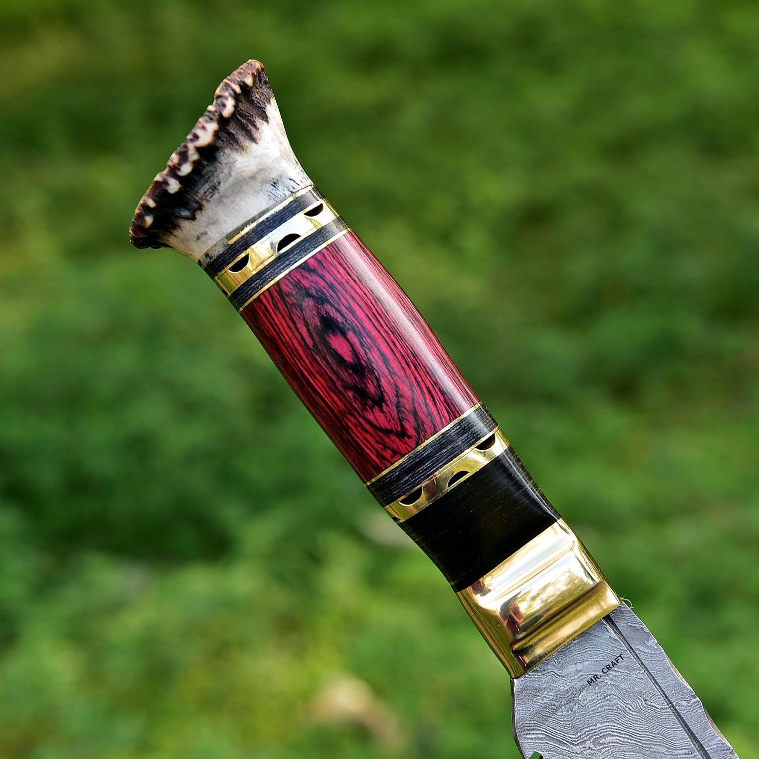 Traditional Kukri Fixed Blade Damascus Hunting Knife, 16 Inch Curved Blade, Wood Handle with Leather Sheath Bushcraft Survival Camping Knife Best Gift for Him (Red Wood)