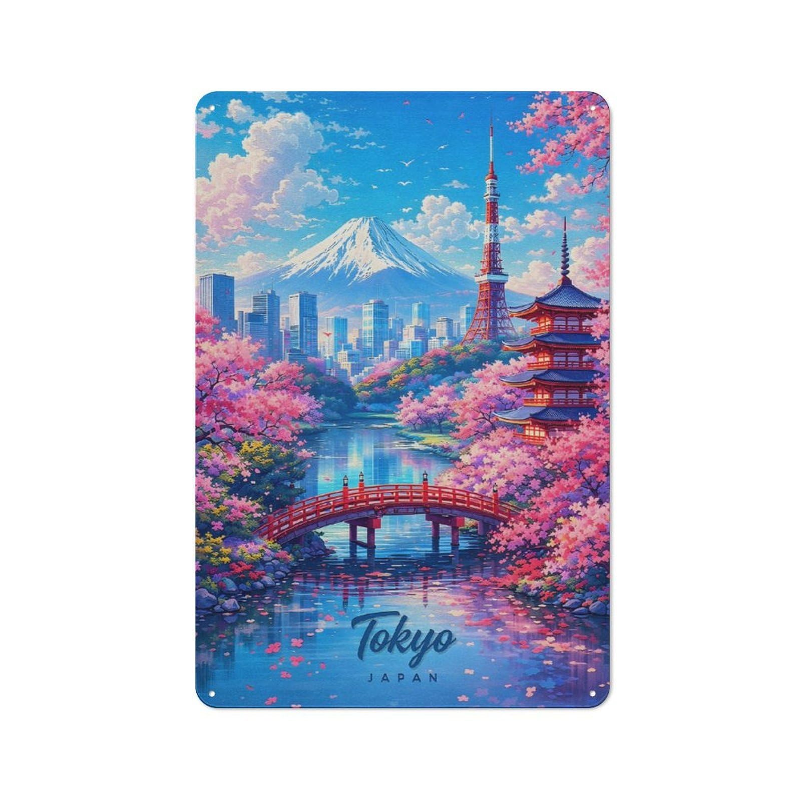 Junmoney Style For Living Room Or Hallway, Tokyo Cityscape With Mount Fuji And Cherry Blossoms Vintage Metal Sign 30X20cm, For Metal Sign Collectors, For Garage And Workshop Walls