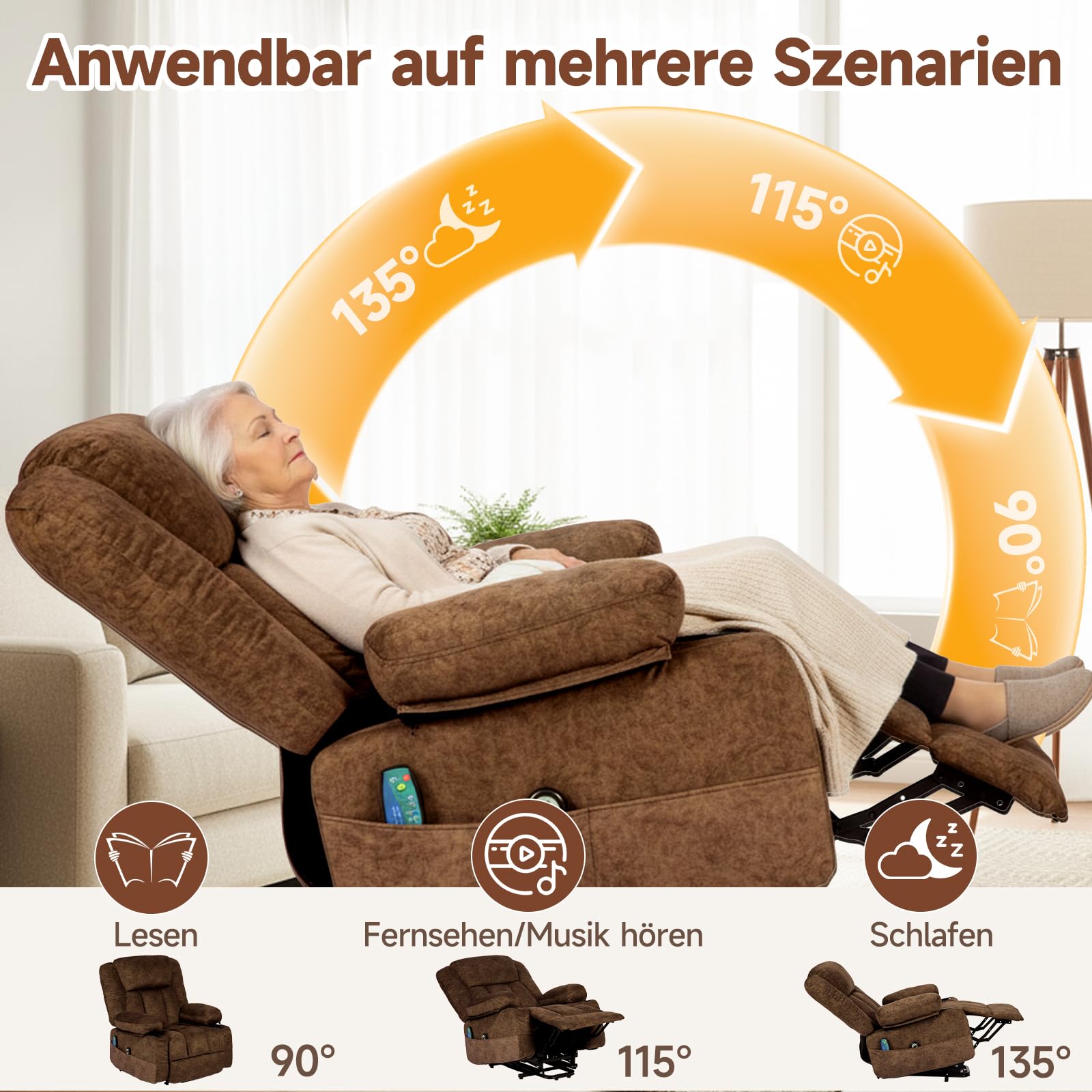 HAUSPROFI Fernsehsessel mit Aufstehhilfe Elektrisch,Massagesessel mit Wärmefunktion,Relaxsessel mit Liegefunktion,Samt Sessel Wohnzimmer mit Ablagefach, 2 Getränkehalter & 6 Seitentaschen