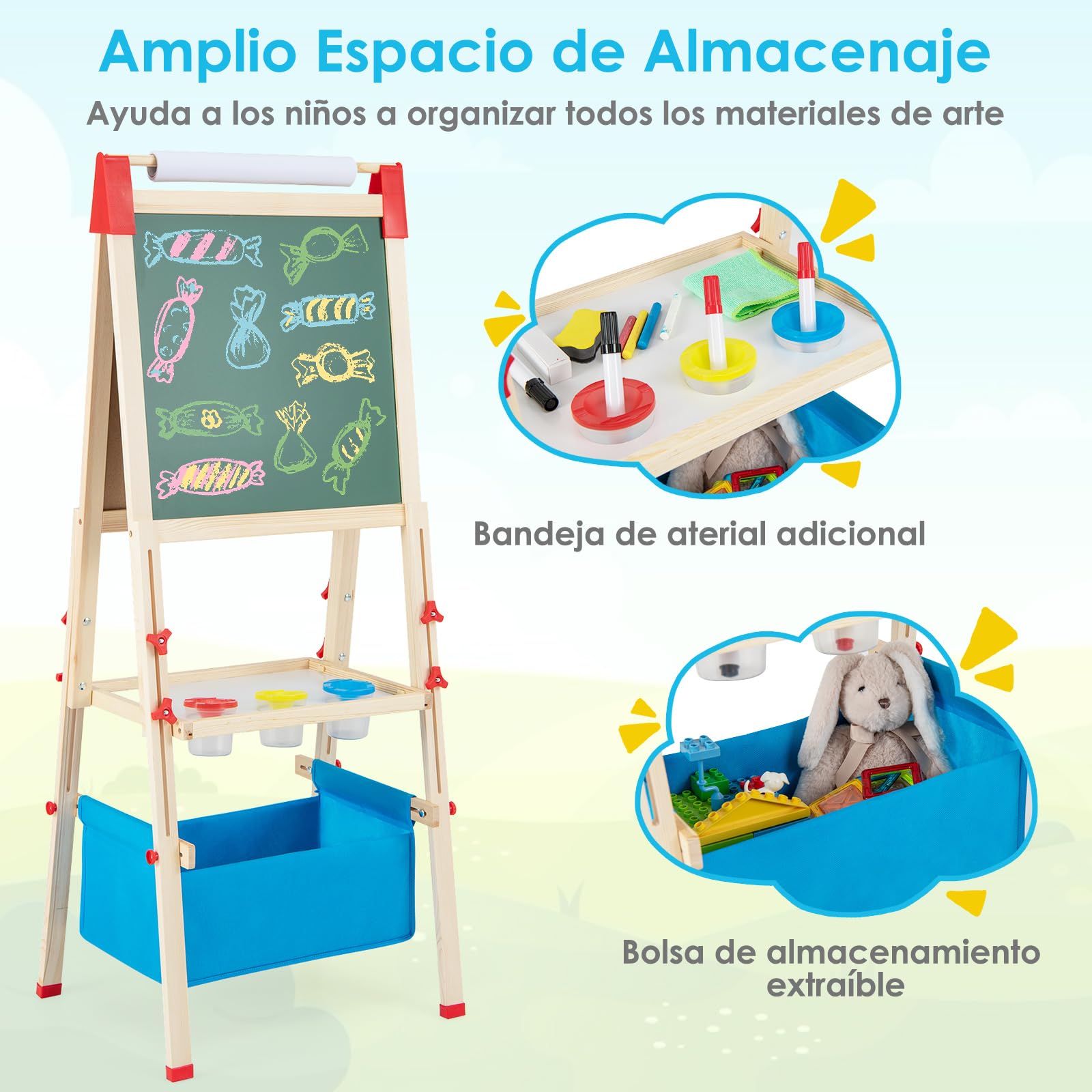 COSTWAY Caballete Infantil Ajustable en Altura, Caballete de Doble Lado con Pizarra de Tiza y Pizarra Blanca, Rollo de Papel, Imanes de Letras y Números, para Niños 3-8 Años (Azul)