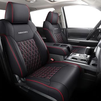 Huidasource Front Truck Seat Covers Fit for Toyota Tundra CrewMax SR, SR5, Limited, Platinum, TRD Pro 2014-2021, Full Coverage Leather Pickup Truck Seat Cover Front Pair/Black & Red
