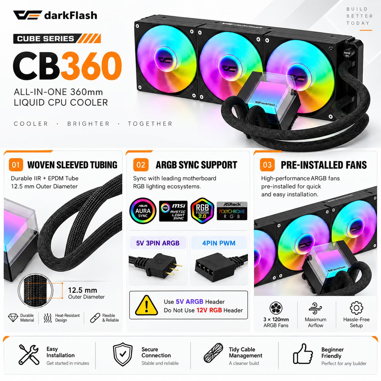 darkFlash CB360 360mm AIO Liquid CPU Cooler, 300W TDP, ARGB PWM Fans, Black