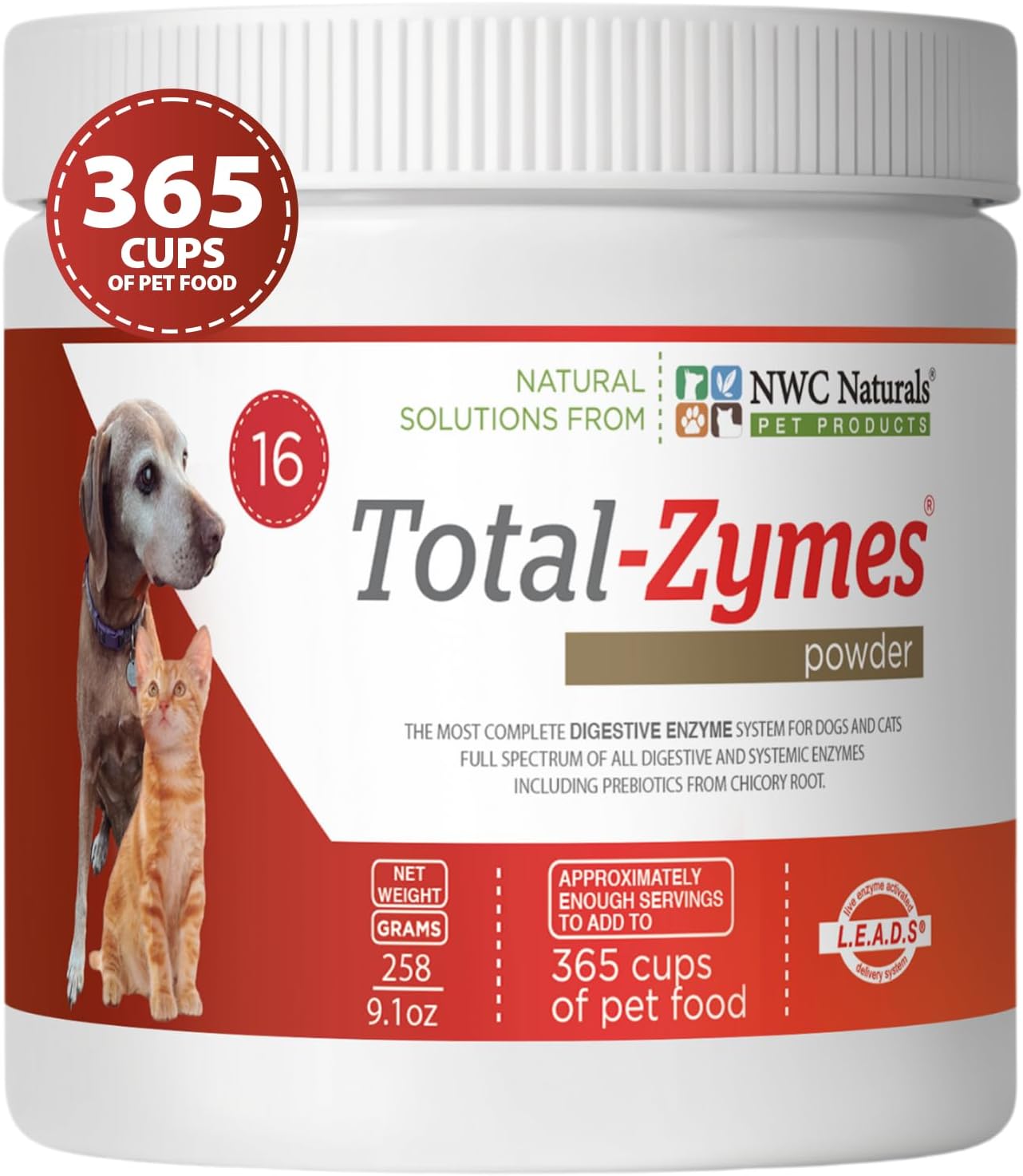 Total-Zymes Digestive Enzymes for Cats and Dogs, Unflavored, Gut Health with Prebiotic to Support Food Digestion & Absorption, 365 Servings - 8 Ounces | Unflavored Daily Powder, Mix 1 Scoop per Cup of Food, 16 Plant-Based Enzymes and Prebiotic Support Digestion and Absorption