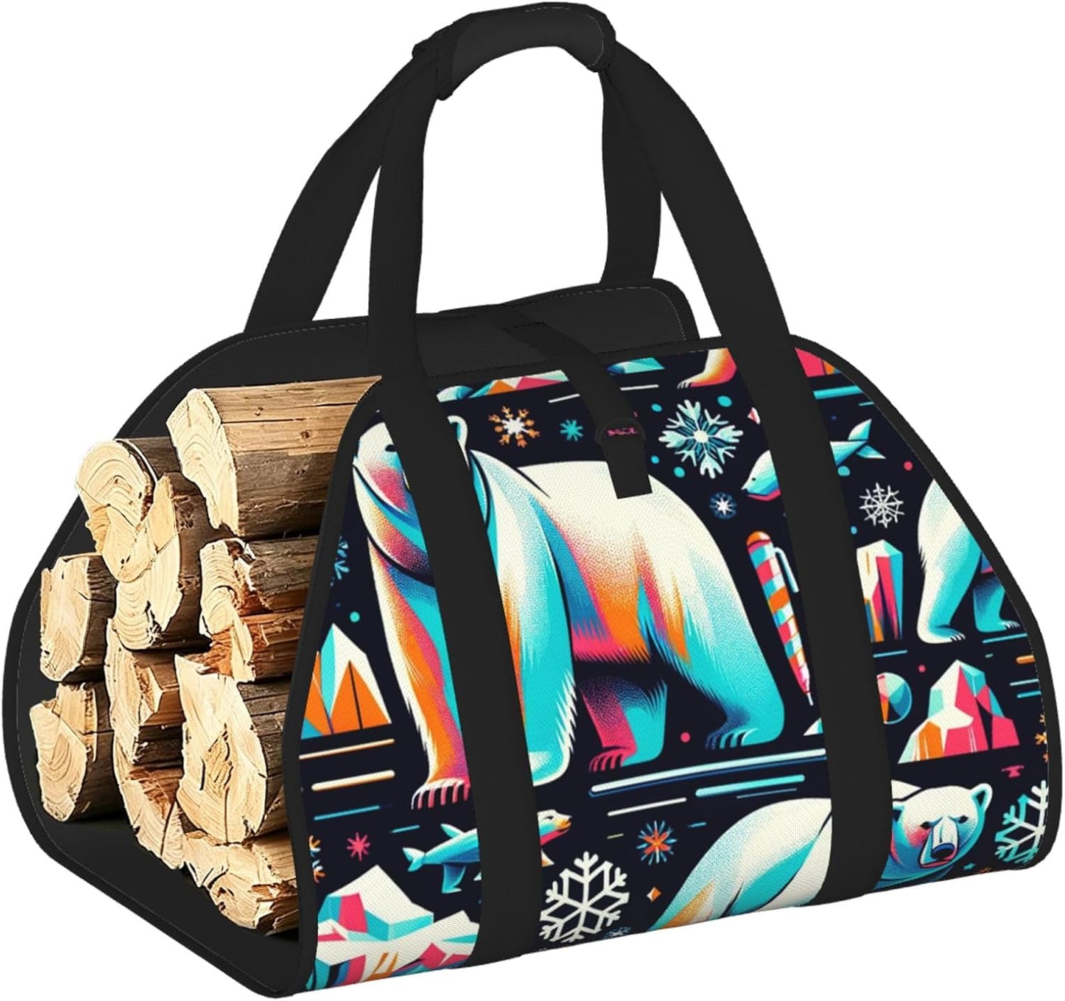 Large Colorful-Polar-Bear-Snowflake Firewood Carrier Bag, 600d Oxford Cloth Log Tote With Reinforced Handles, Open-End Wood Hauling Bag For Fireplace, Wood Stove, Camping And Outdoor Storage