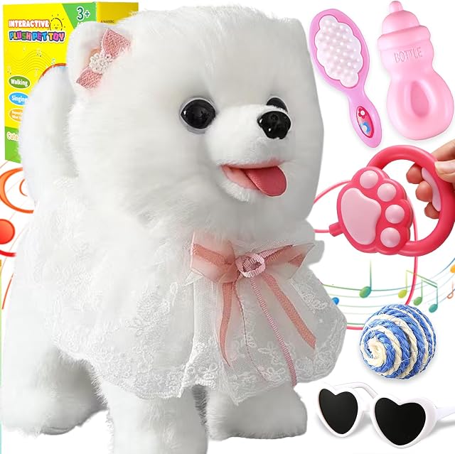Walking Barking Singing Samoyed Puppy Toy, Repeats What You Say, Realistic Licking Tongue Wagging Tail Mechanical Dog with Touch or Voice Control, Interactive Music Dancing Plush Pet for Kids