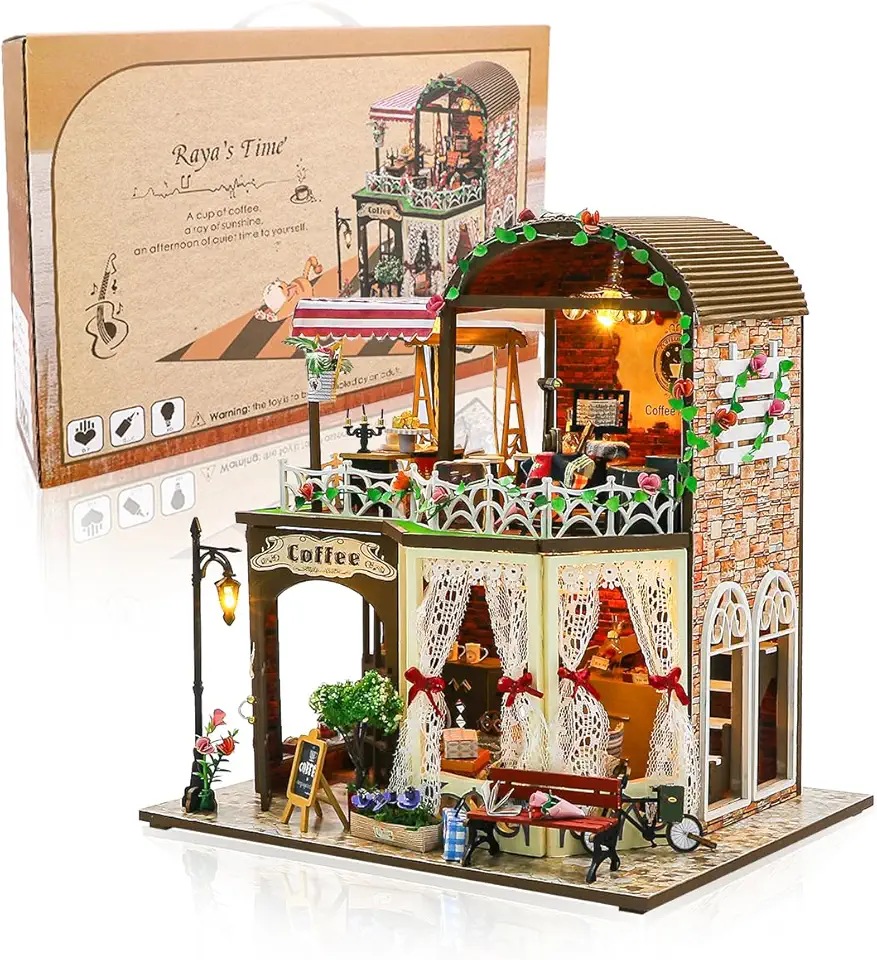 DIY Café - Conjunto de Mobiliário de Madeira em Miniatura com Kit de Iluminação, Para Crianças com Mais de 14 Anos e Adultos