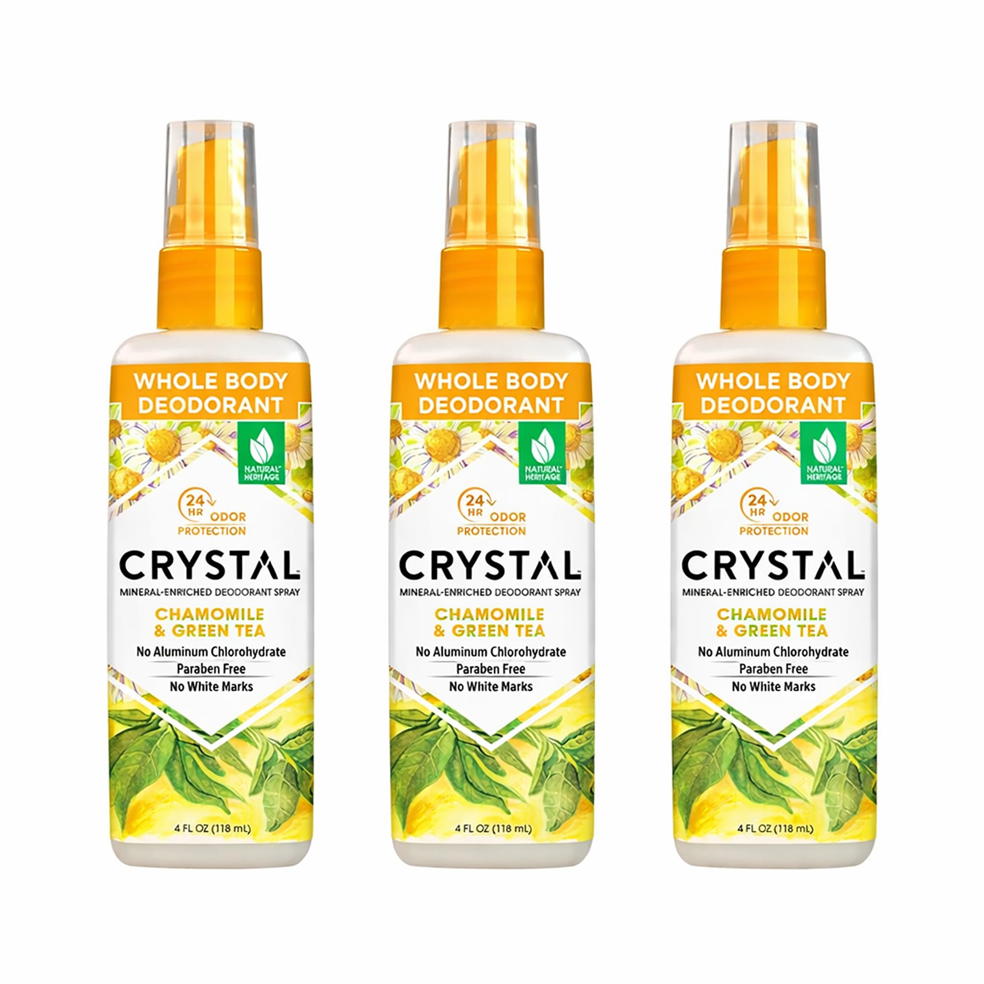 Crystal Deodorant Essence Spray 4 Ounce Chamomile/Green Tea, All Over Body Deodorant, (118ml) (3 Pack)