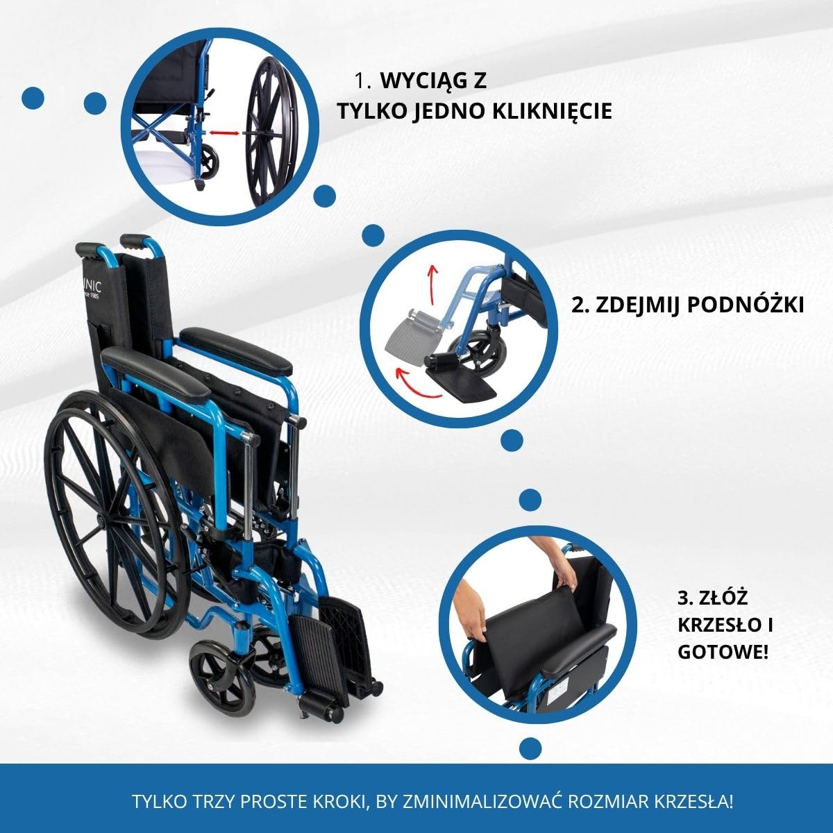 Mobiclinic®, Składany wózek inwalidzki, Marsella, Kółka z możliwością szybkiego zwolnienia po naciśęciu przycisku, Stabilny, Siedzisko 46 cm, Dźwignia hamulca, Niebieski