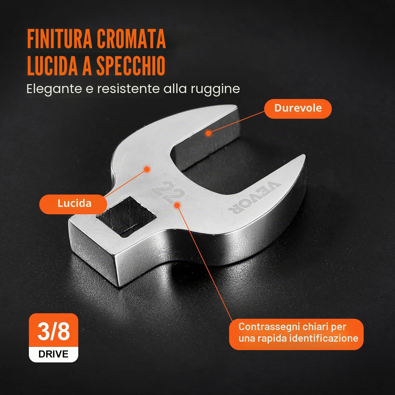 VEVOR Set chiavi a zampa di gallina, attacco 3/8", Set chiavi a zampa di gallina 20 pezzi 2 barre di prolunga e organizer per attrezzi in EVA, SAE 3/8"-7/8" e metrico 10-22 mm, materiale 40CR