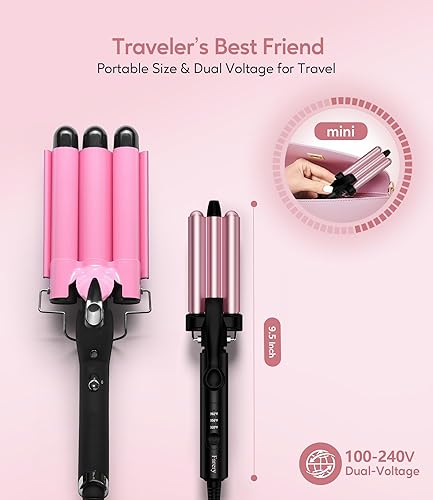Miniatura 4 de FARERY Mini rizador de pelo ondulado de 3 temperaturas ajustables, rizador de 3 barriles para cabello corto, rizador de cabello para mujeres, ondas