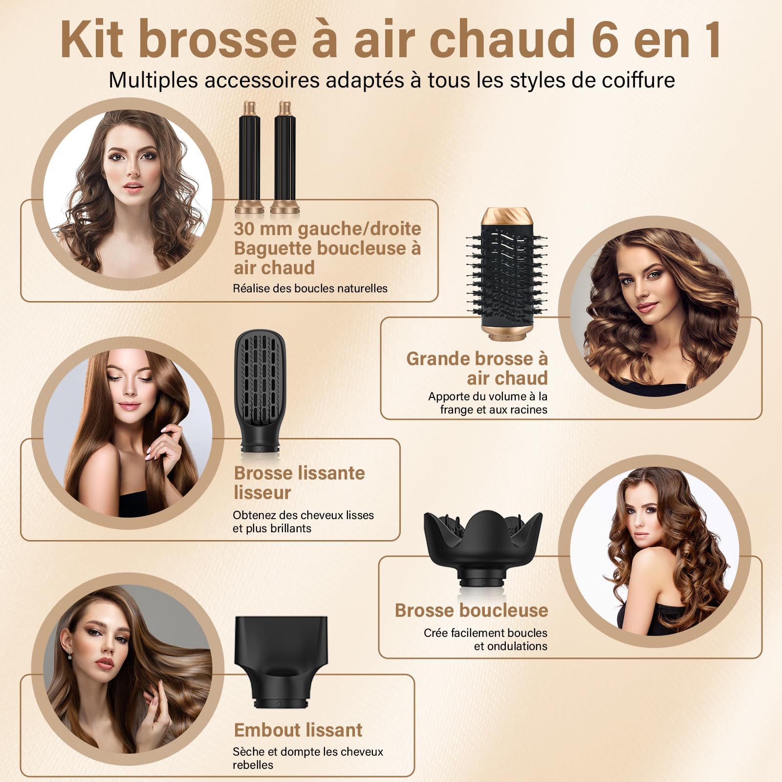 Air Styler 6 en 1 Kit Coiffure Multifonction, Sèche Cheveux, Brosse Soufflante Rotative, Fer à Friser, Peigne Lissant, Brosse Chauffante et Diffuseur pour Boucler, Lisser et Donner du Volume | Ensemble de brosses à cheveux