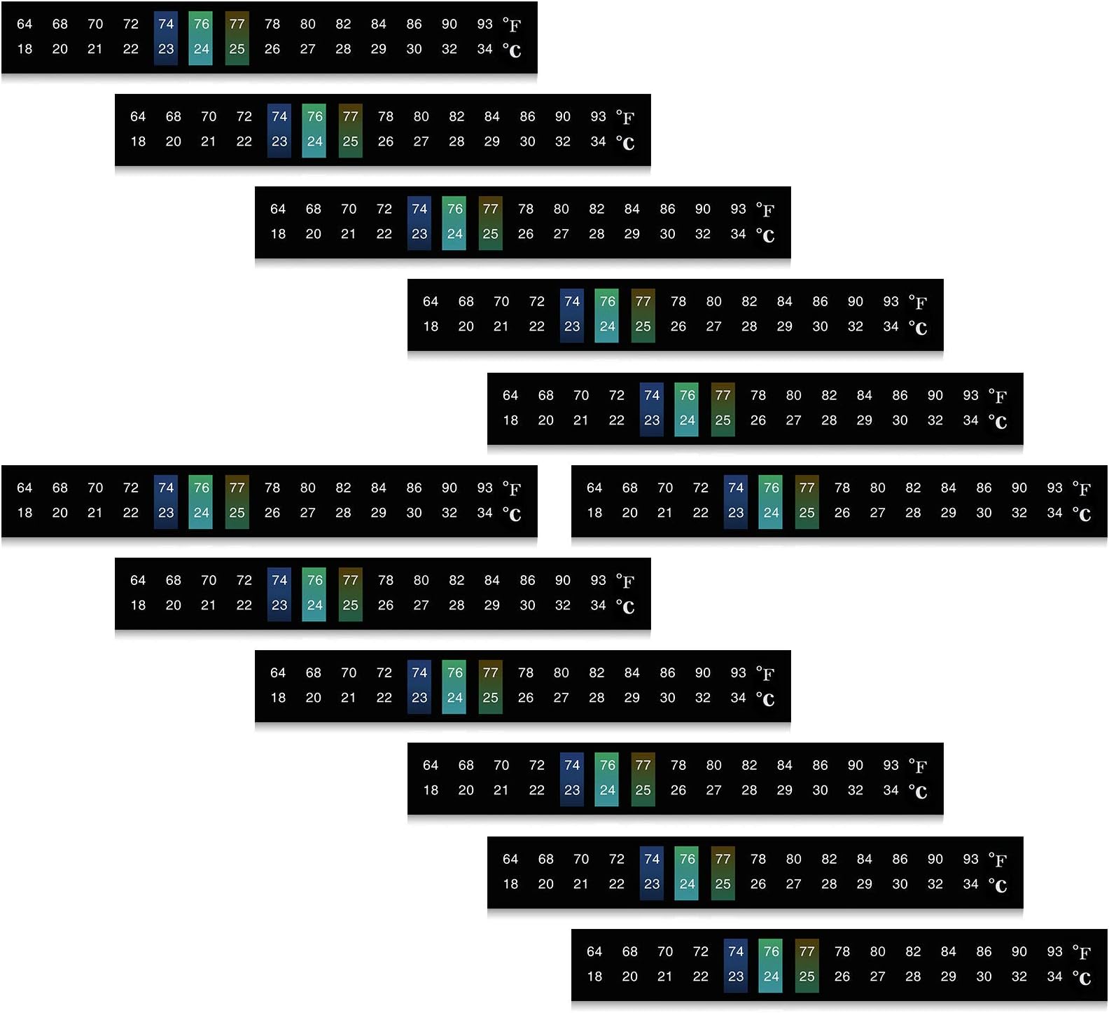 Zonon 12 Pcs Stick on Thermometer Strips Horizontal Thermometer Stickers Digital Temperature Display for Fermenting, Brewing, Wine, Beer, 64-93 Fahrenheit/ 18-34 Centigrade