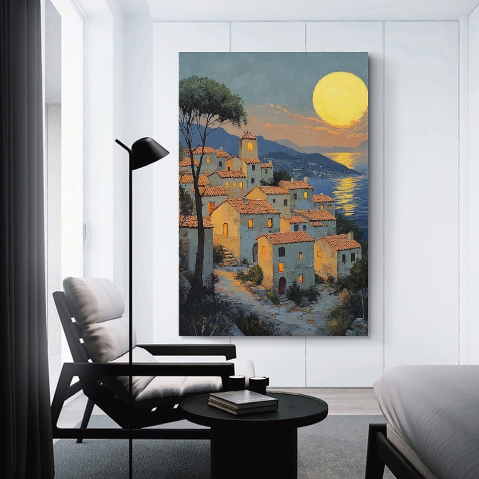 Junmoney Unframe-Style-16 Mediterranean Village Sunset Room Decor Wall Art, 24X36inch(60X90cm), For Living Room, Bedroom, Office Or Hallway, Decorative Artwork With Broad Appeal