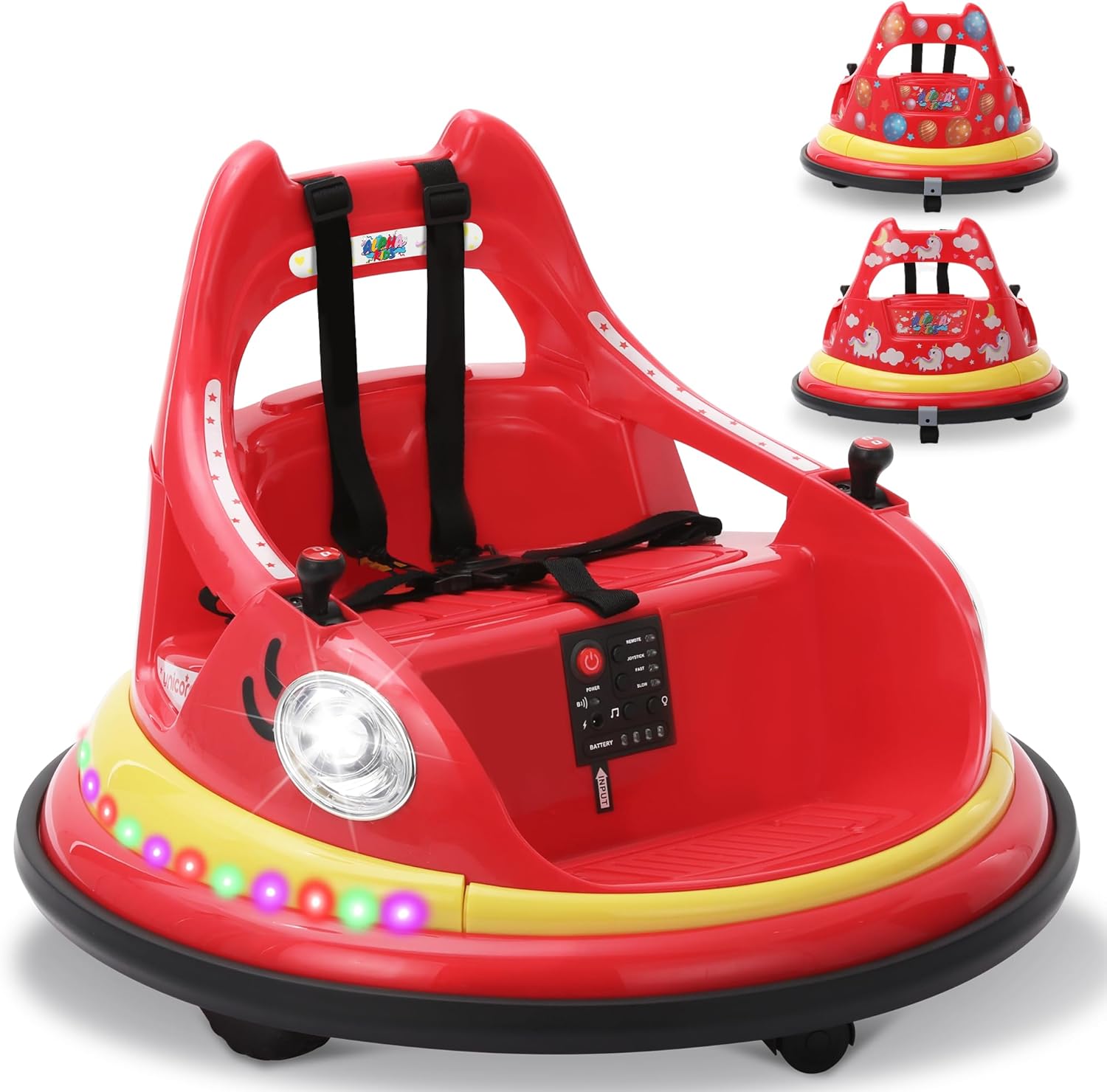 12V Kids Electric Bumper Car for Toddlers – Kiddokidz Ride-On Toy with Parent Remote, 360° Spin, Lights & Sounds, 2 PCS DIY Stickers, 2-Speed, Red