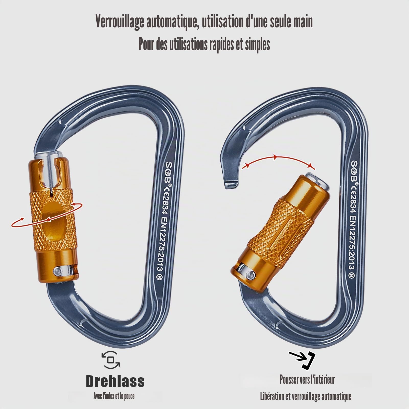 Mousquetons Escalade Clips, Mousqueton en Alliage d'aluminium, Mousquetons Robustes pour Escalade, Hamac, Camping, Randonnée, Ski, Vélo Descente en Rappel
