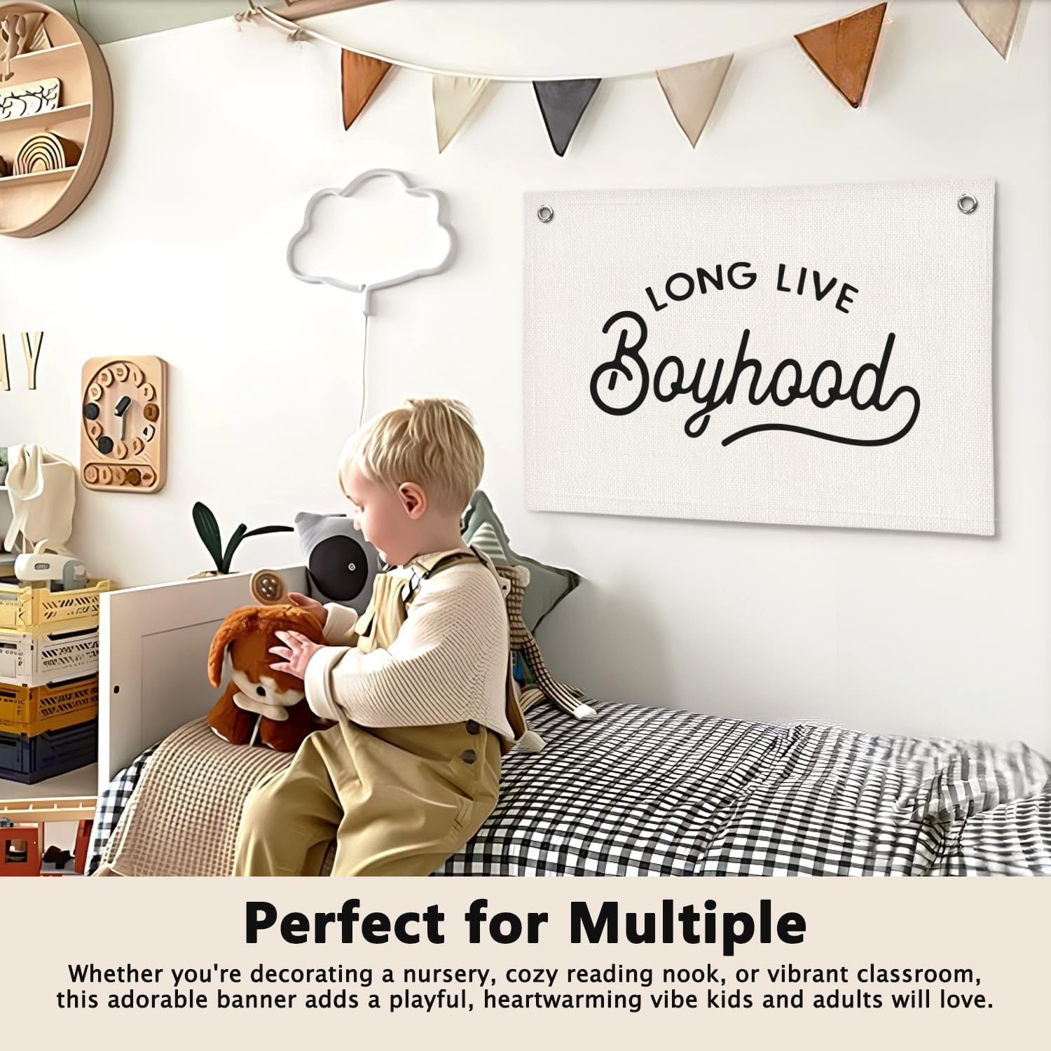 Long Live Boyhood Minimalist Boys Room Decor - Linen Banner Wall Hanging Canvas Banner Flag Decor for Toddler Boy Bedroom Nursery Playroom image 5