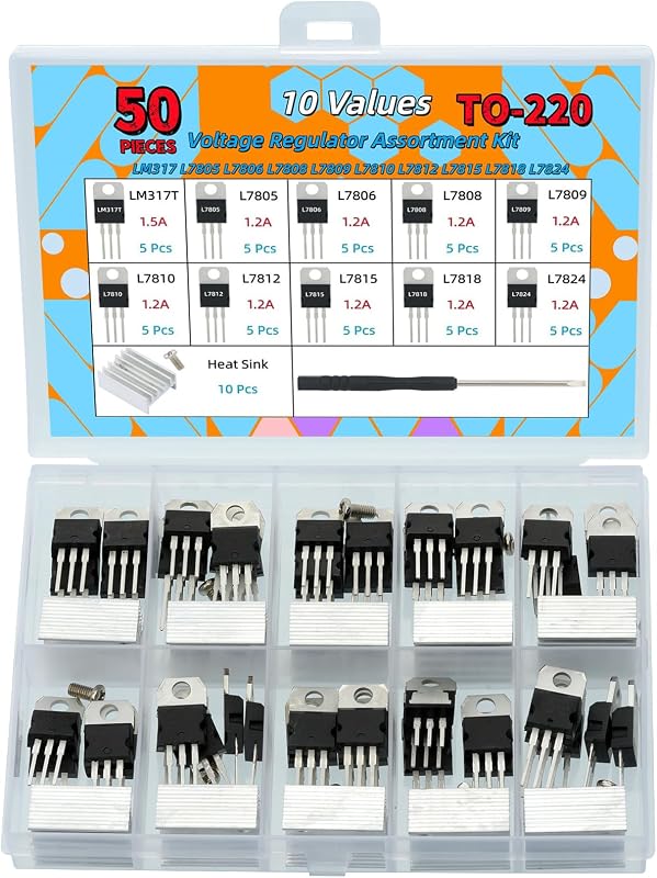 50 Pcs 10 Values Voltage Regulator TO-220 Series Kit | LM317 L7805 L7806 L7808 L7809 L7810 L7812 L7815 L7818 L7824 High Power Positive Voltage Regulator