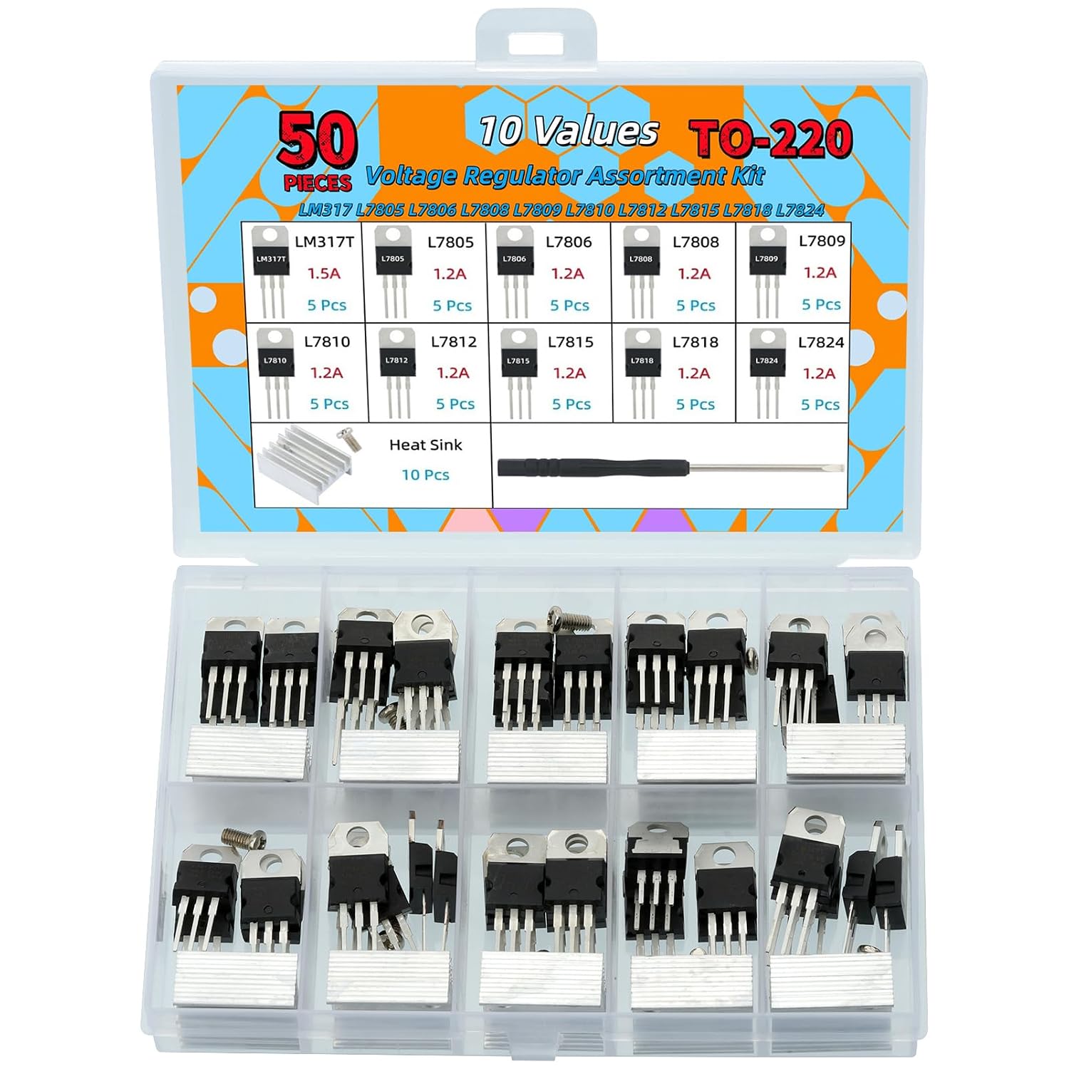 50 Pcs 10 Values Voltage Regulator TO-220 Series LM317 L7805 L7806 L7808 L7809 L7810 L7812 L7815 L7818 L7824 High Power Positive Voltage Regulator Kit
