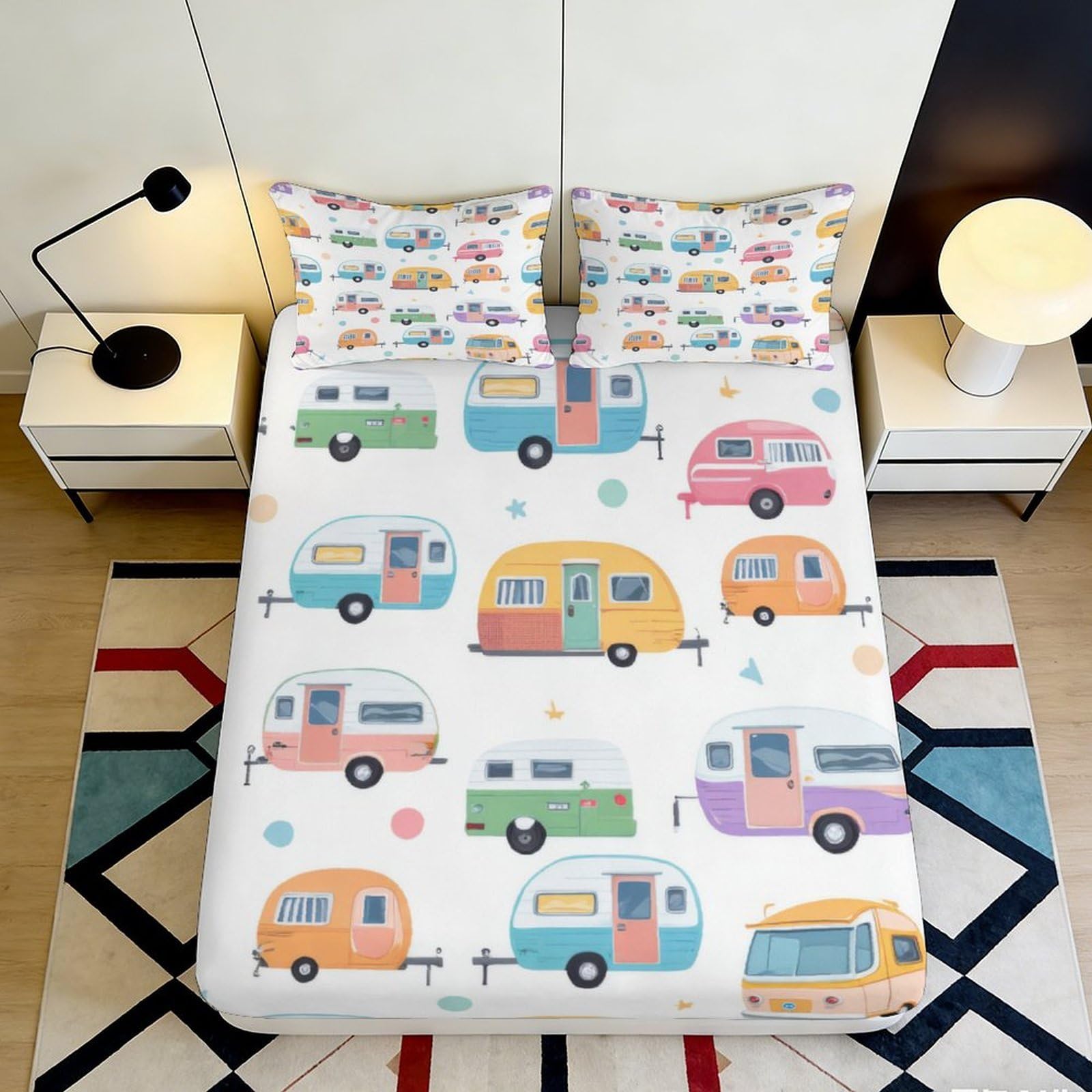 3D Printed Caravan Camper Fitted Sheet Microfiber Soft Colourful Trailer Mattress Cover for Bedroom Guest Room Decor 160x200x25cm