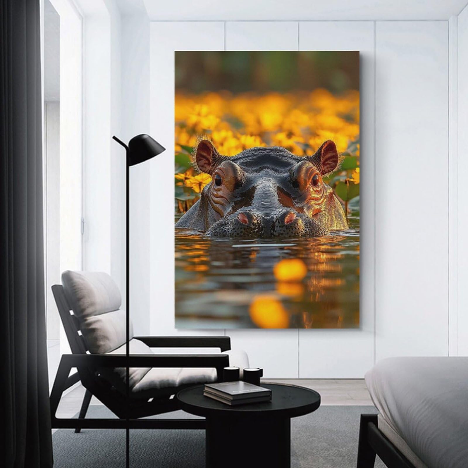 Junmoney Hippo in Water with Yellow Flowers Decorative Canvas Print 20x30inch(50x75cm), for Study, Office Or Focused Interiors, Wall Art That Adds Style to Work Areas
