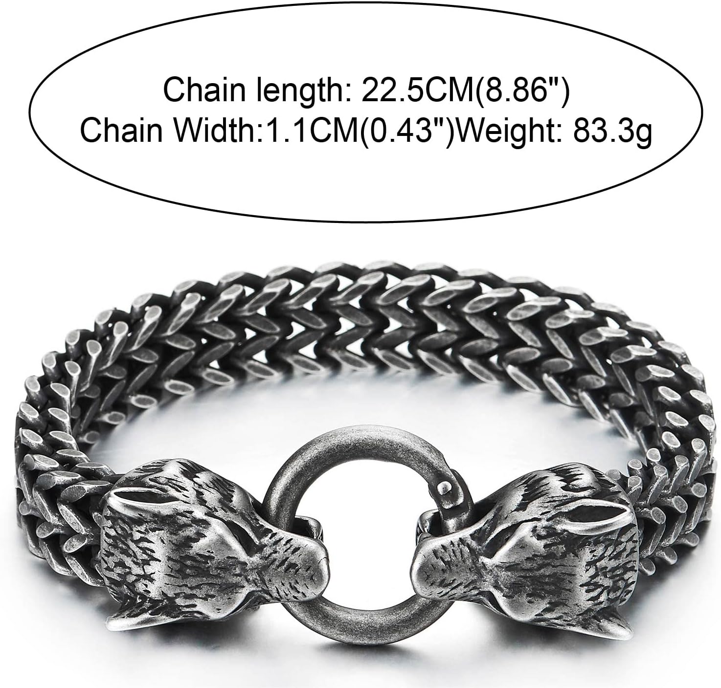 COOLSTEELANDBEYOND Biker Mens Stainless Steel Wolf Head Franco Link Curb Chain Bracelet with Spring Ring Clasp