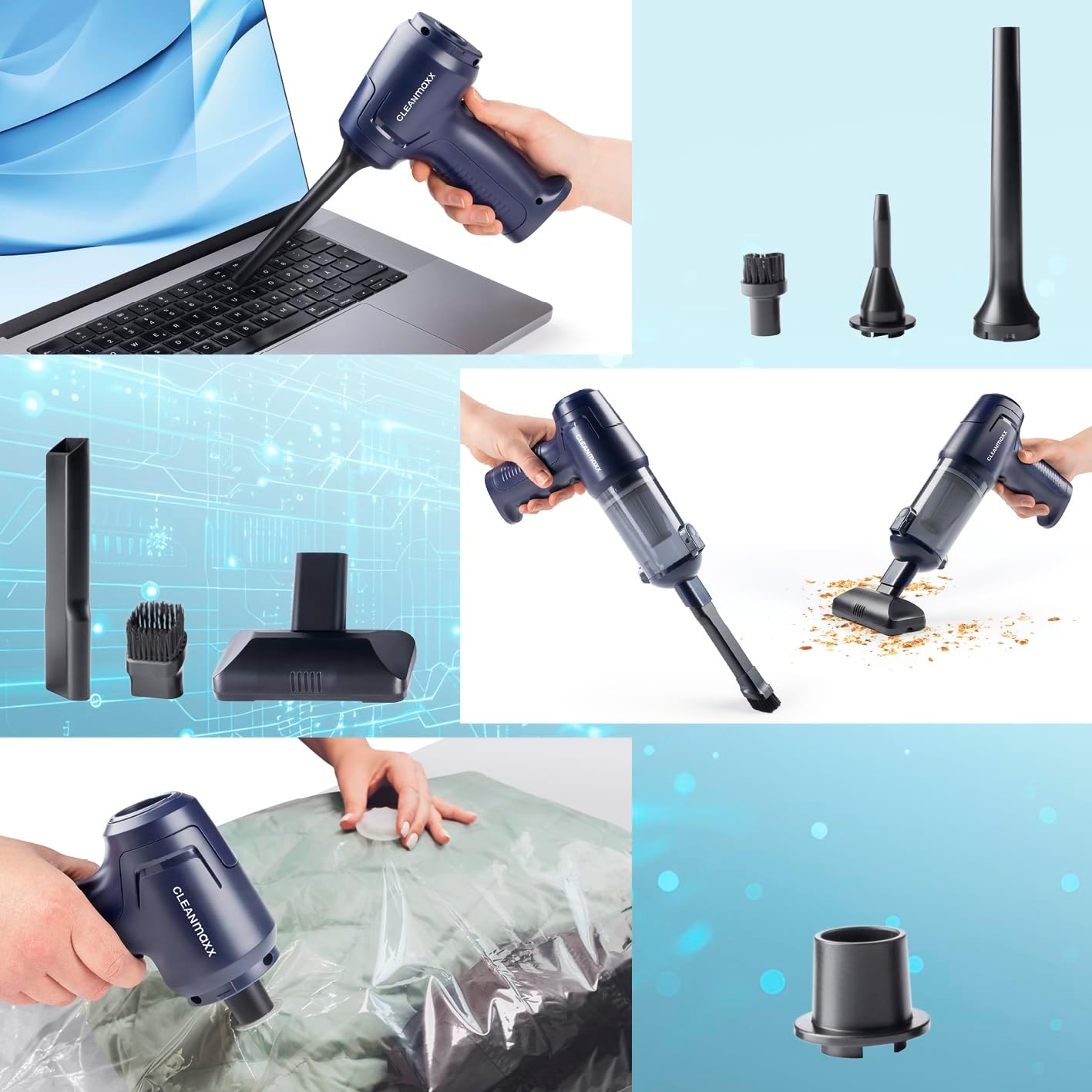 CLEANmaxx handheld vacuum using blower function to clean a laptop keyboard