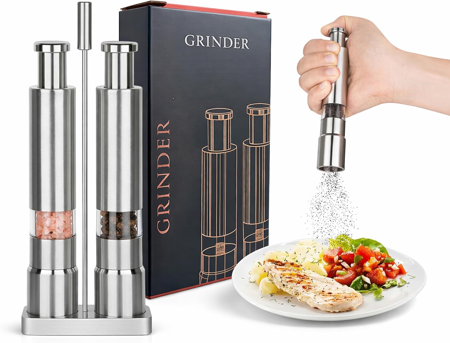 Salt and Pepper Grinder Set – Manual One Hand Seasoning, Adjustable Ceramic Mills with Stand, Refillable Stainless Steel Salt Pepper Grinder Set for Kitchen, BBQ, Camping
