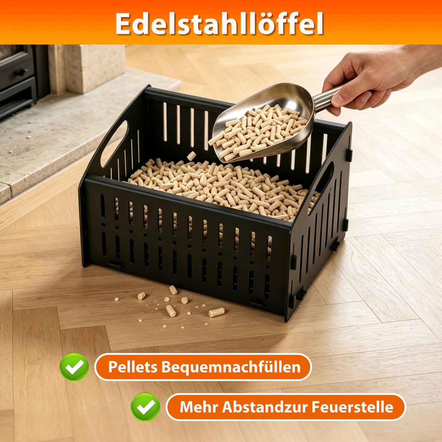 Cestino per pellet 28 x 20 x 17 cm, ferro da 3 mm, per camino e