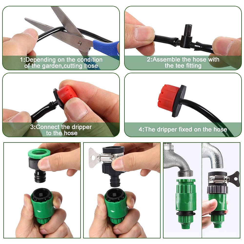 ODOMY 25 m irrigatiesysteem, druppelirrigatie, 141 stuks, druppelirrigatie, tuinirrigatie, automatische microfoon, set voor tuin, landschap, terras, planten, bloemen