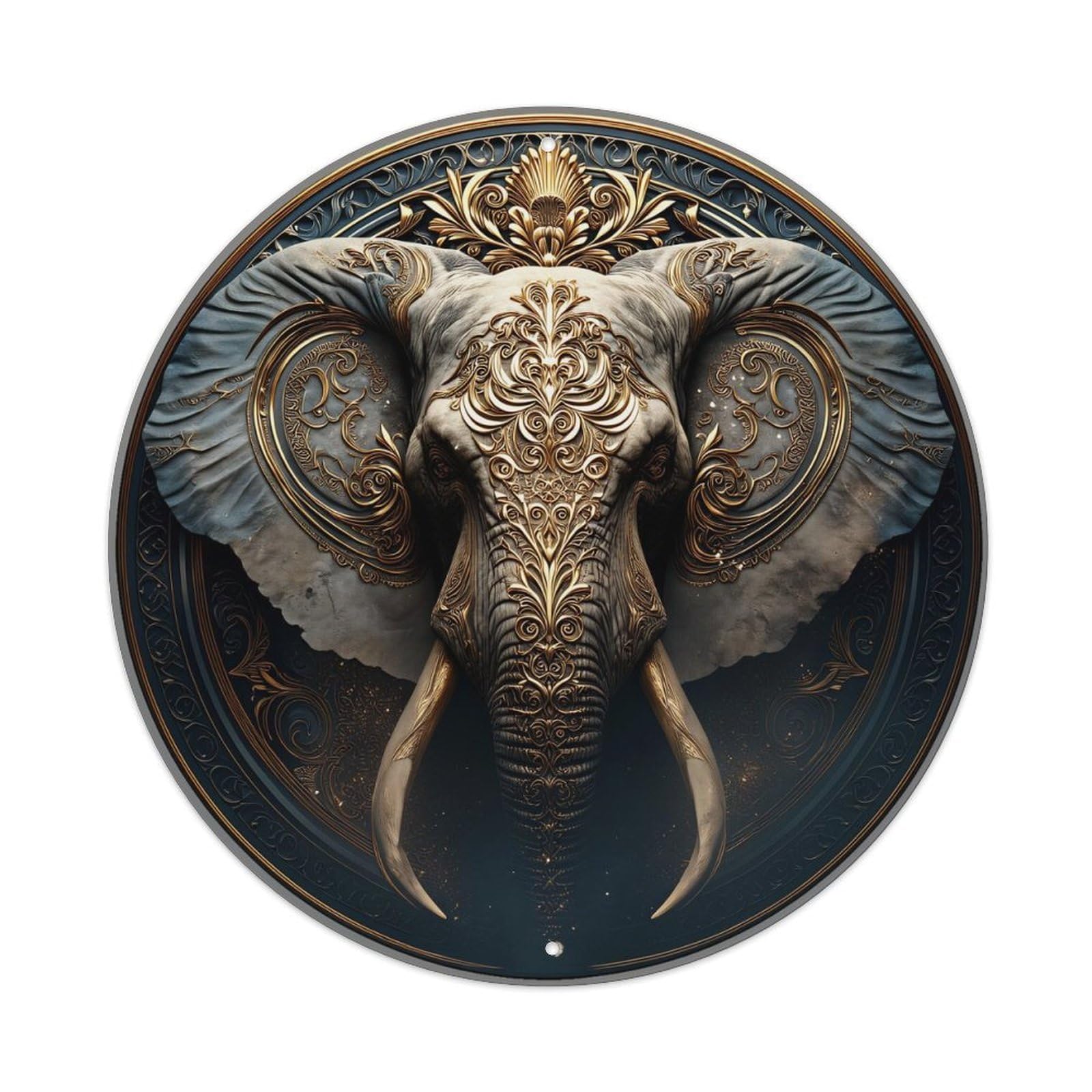 Ornate Golden Elephant Head Design Vintage Metal Tin Sign Retro Wall Decor for Home Bar Garage Cafe, Indoor & Outdoor Decorative，circle Metal Poster, 8x8 Inch