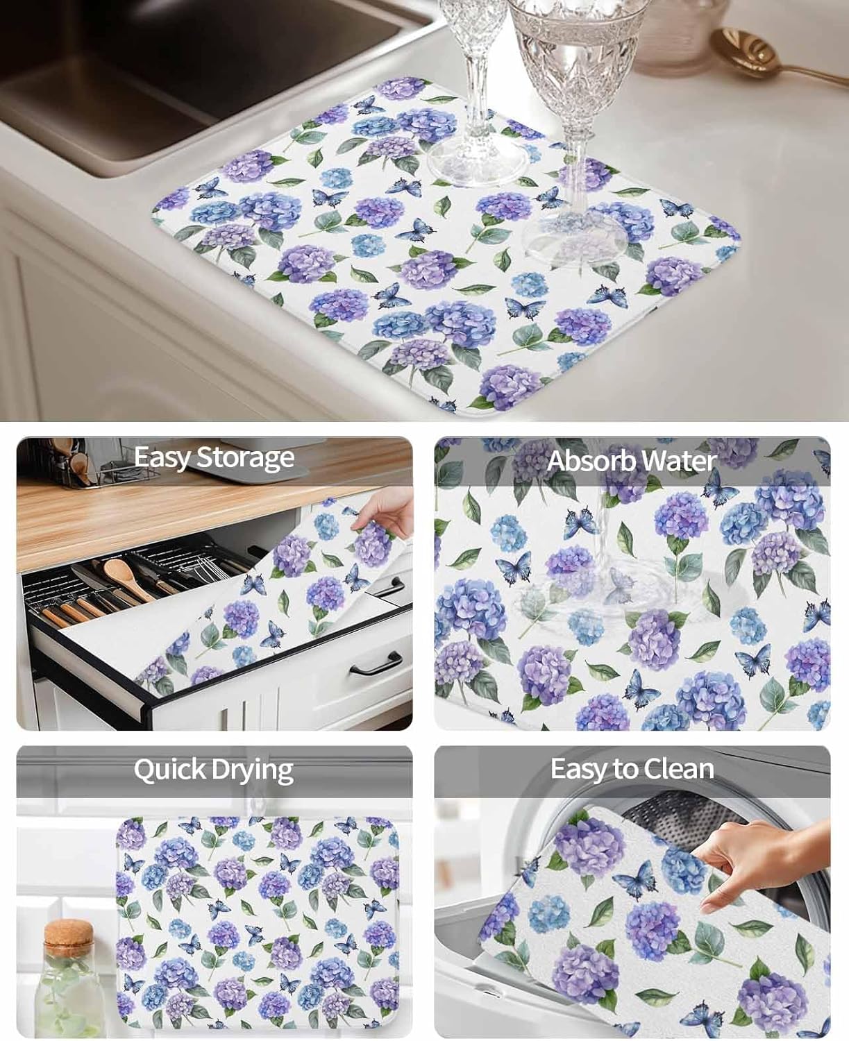 Dish Drying Mat for Kitchen, Retro Pastoral Hydrangea Butterfly Watercolor Absorbent Dish Drying Pad, Kitchen Counter Mat for Dishes Utensils Camping, 16"x18"(2 Pcs)