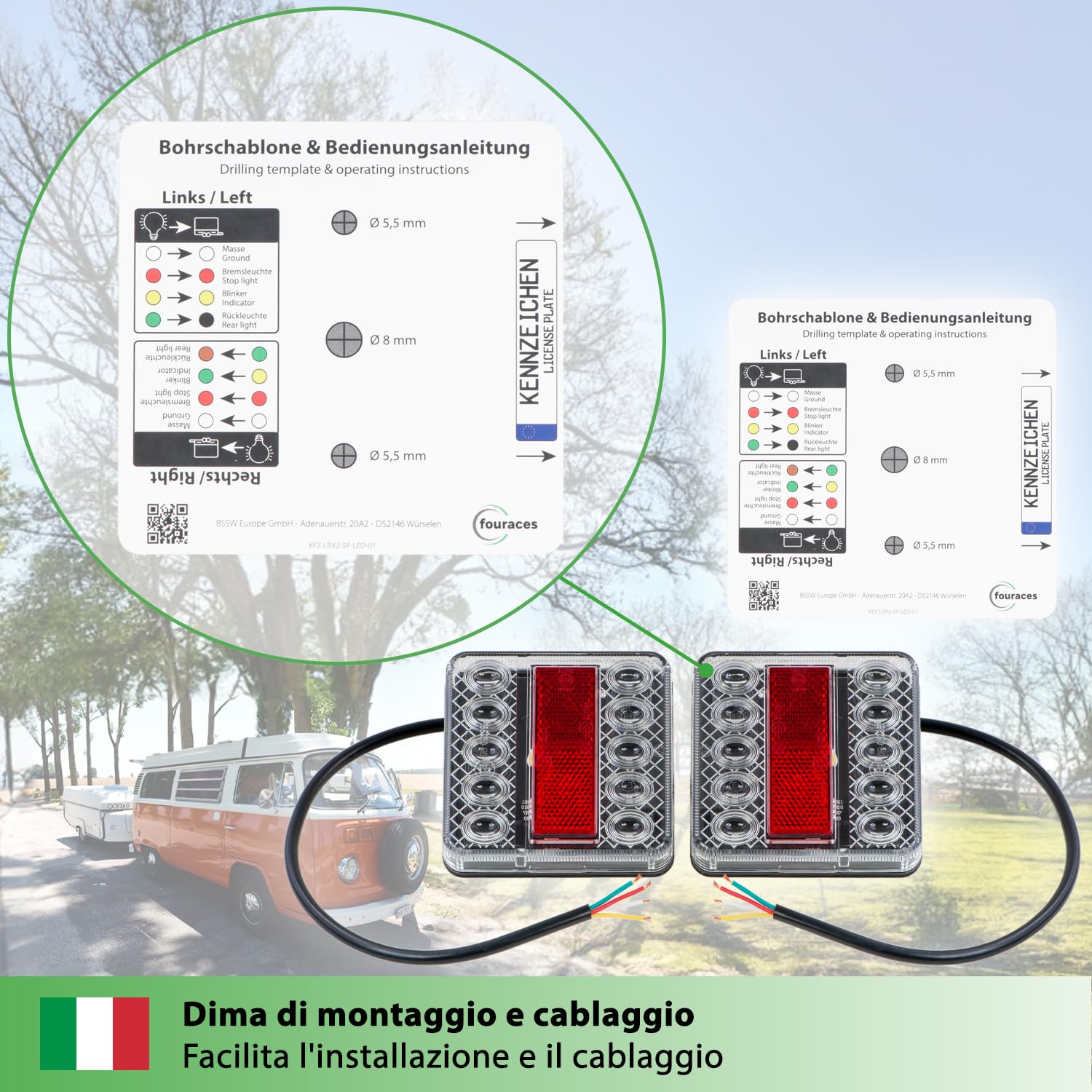 fouraces fanali posteriori a LED per rimorchio - 2 set, con schema elettrico e illuminazione targa, fanale posteriore, trattore, carrello, luce, lampade per auto