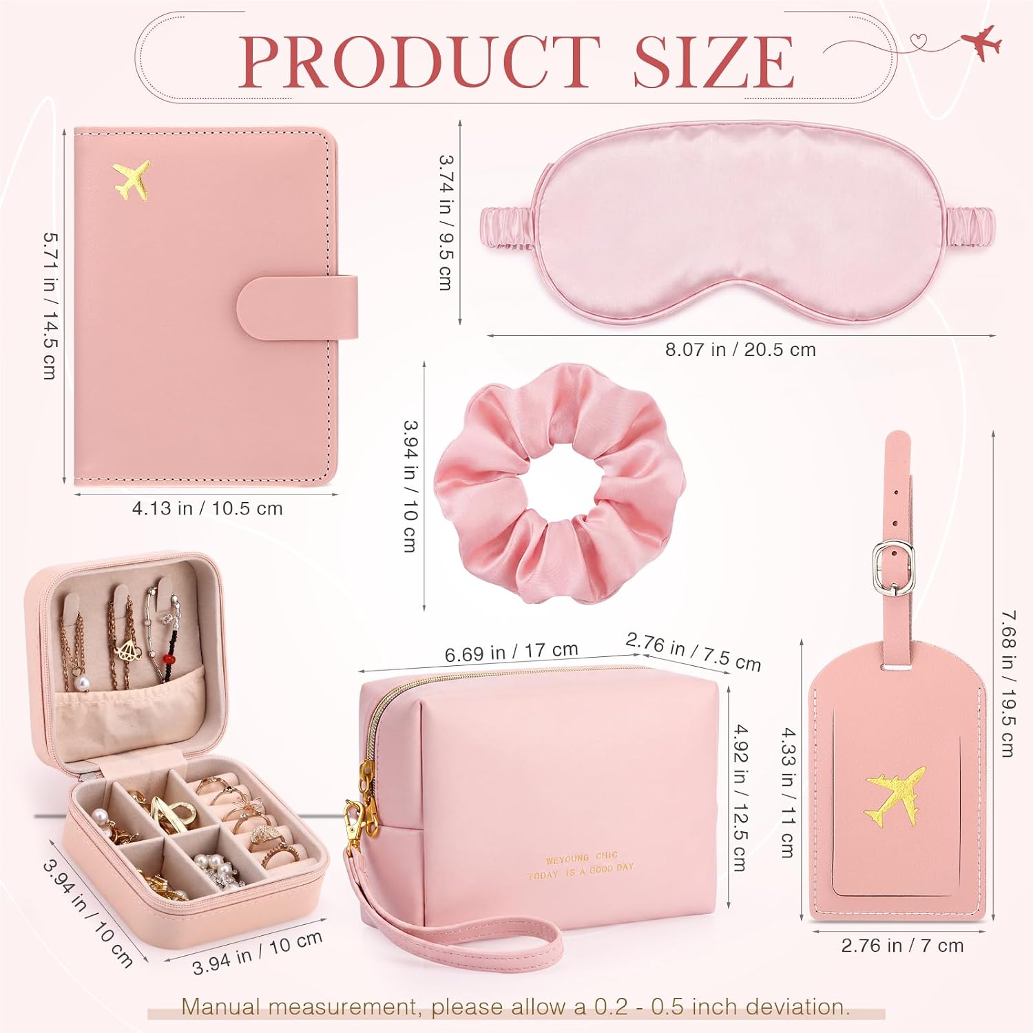 Maitys Pink 6 Pcs Travel Gift Set for Women, Passport Holder, Luggage Tag, Makeup Bag, Jewelry Box, Sleep Mask, Bridesmaid Favors