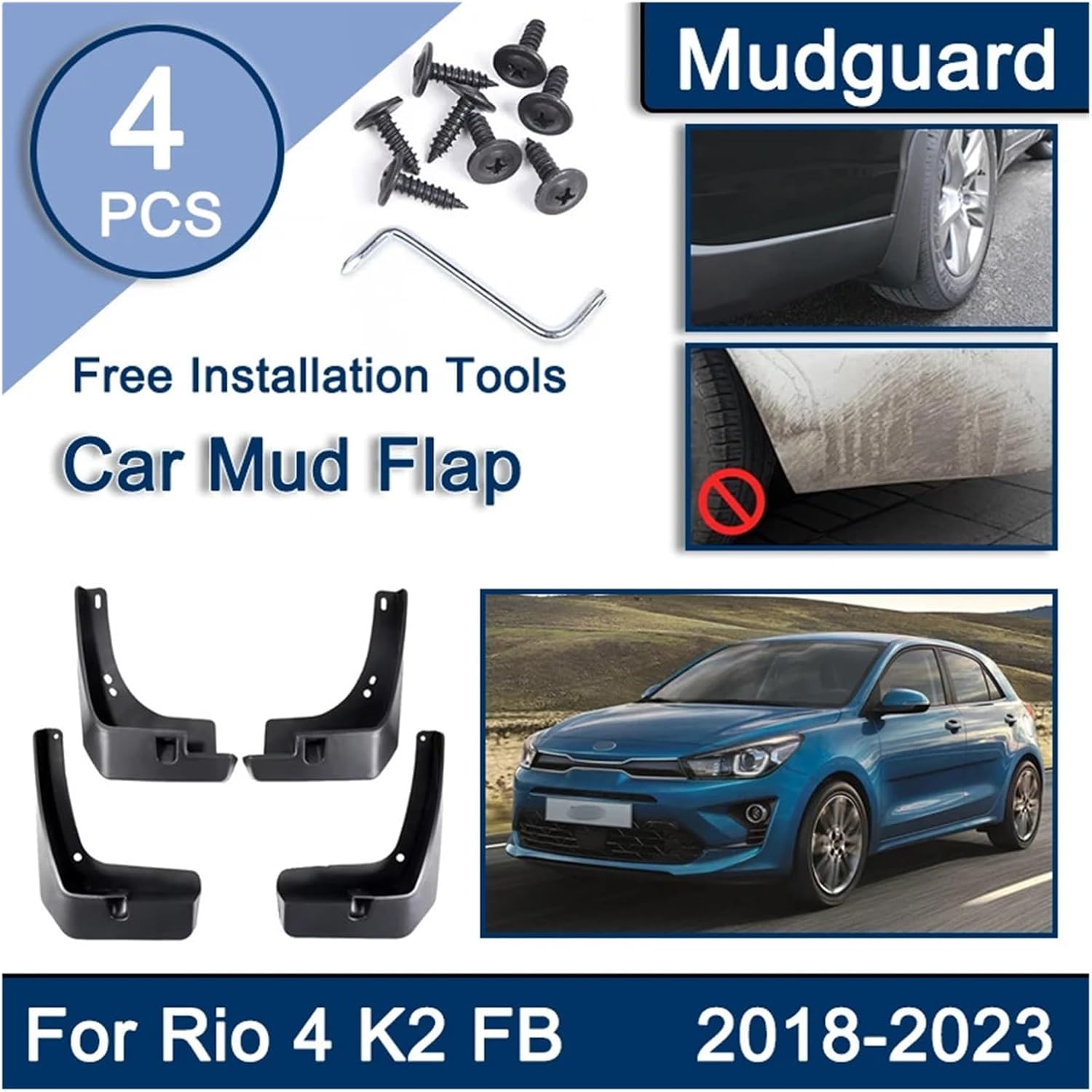 4 PCS Car Mud Flap，Compatible for KIA Rio 4 2018 2019~2023 Accessories，Compatible for Kia K2 FB Mudguards Splash Guard Front Rear Fenders Wheel Auto Parts